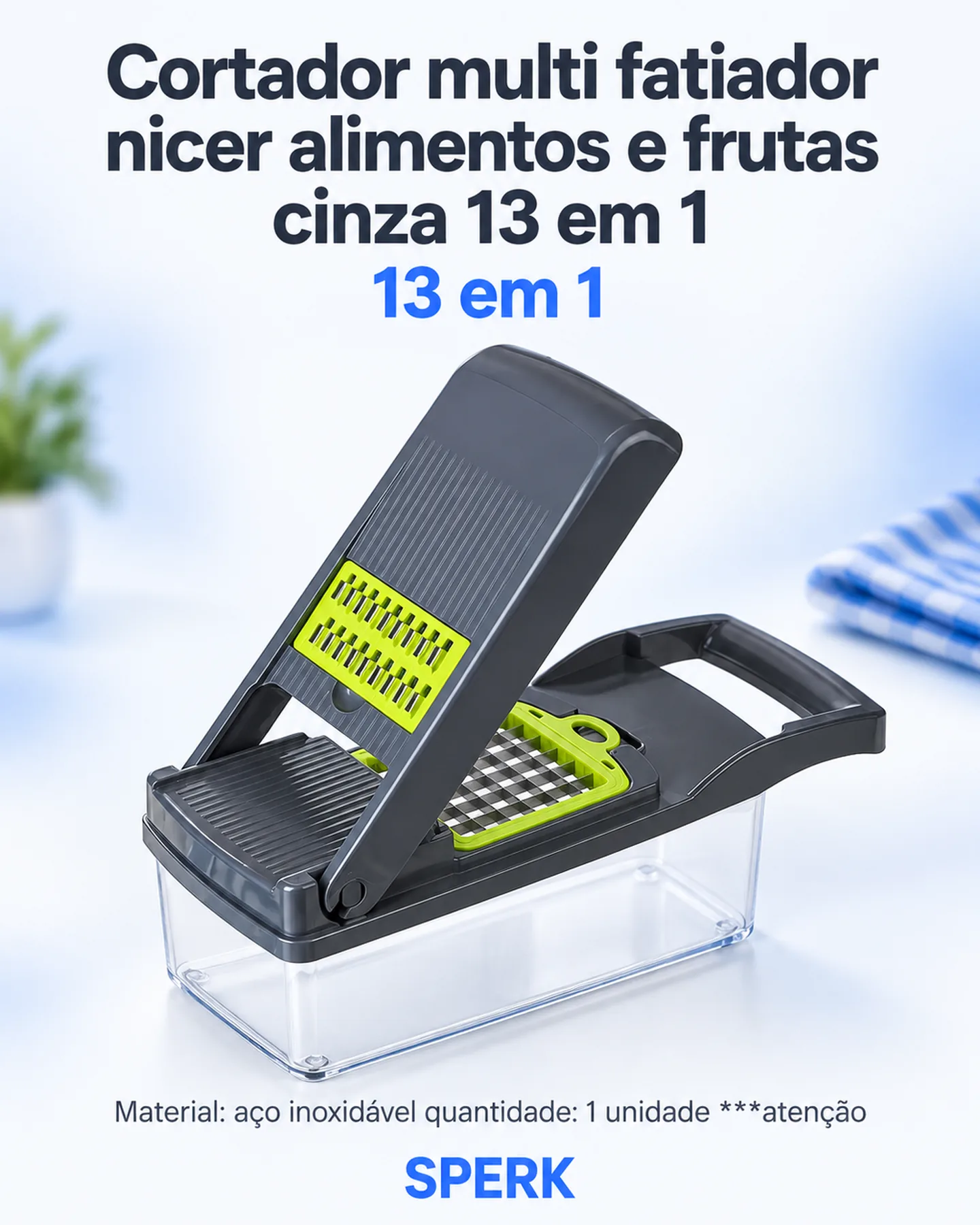 Cortador multi fatiador nicer alimentos e frutas cinza 13 em 1 — painel 1