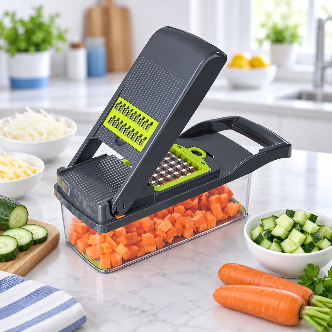 Cortador multi fatiador nicer alimentos e frutas cinza 13 em 1 — uso