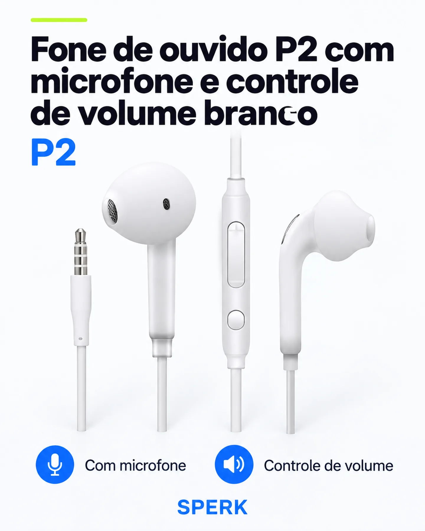 Fone de ouvido P2 com microfone e controle de volume branco — painel 1