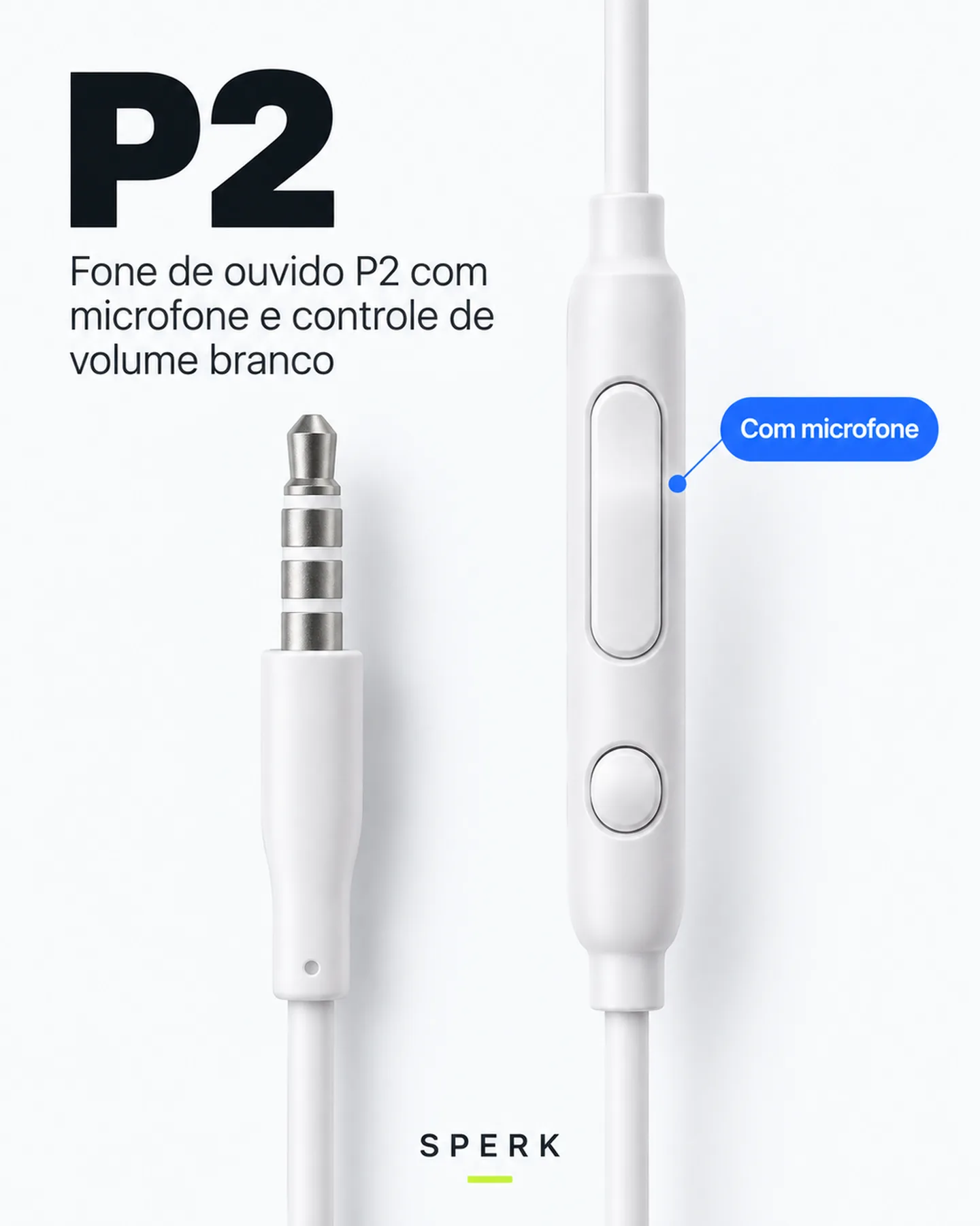 Fone de ouvido P2 com microfone e controle de volume branco — painel 2