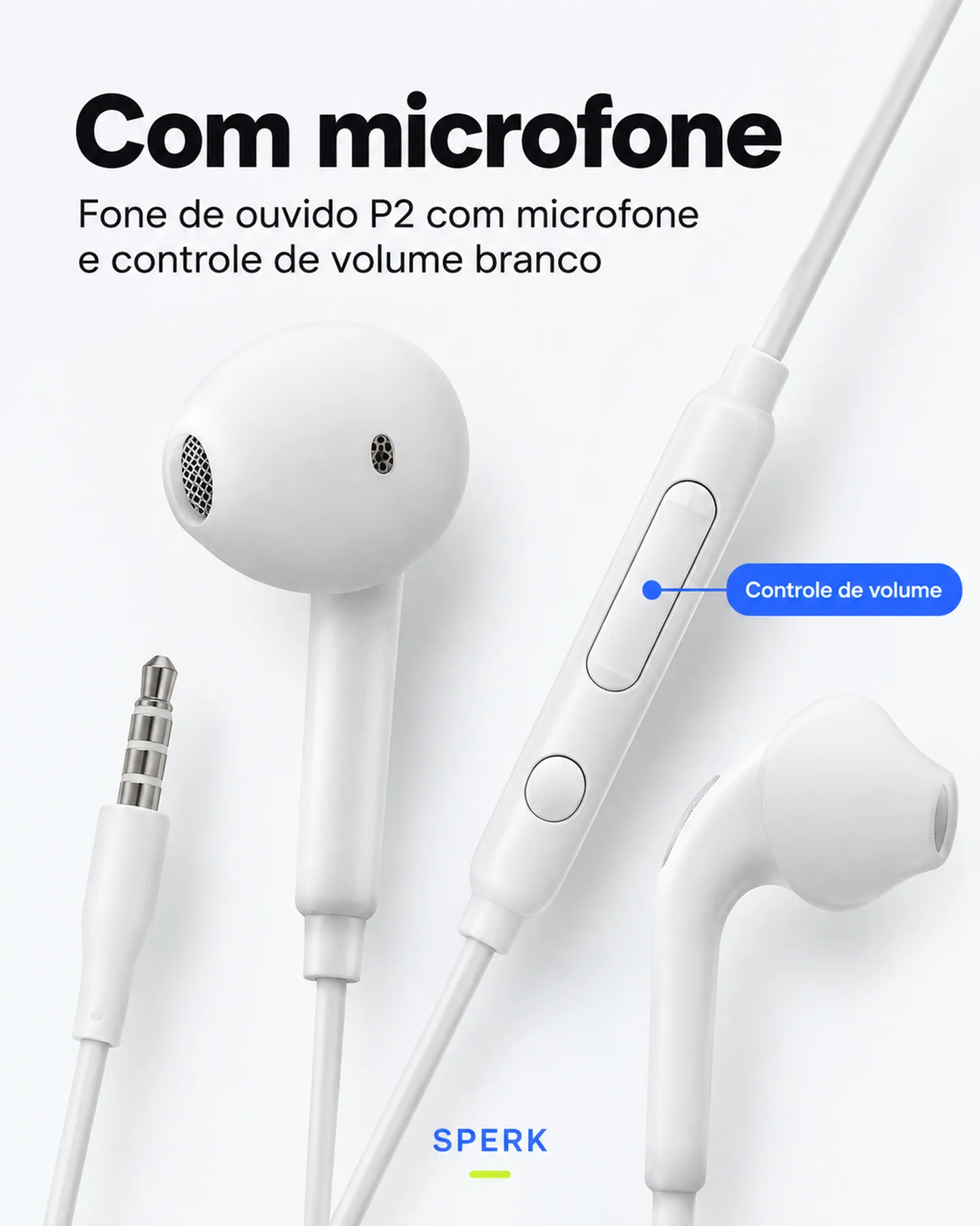 Fone de ouvido P2 com microfone e controle de volume branco — painel 3