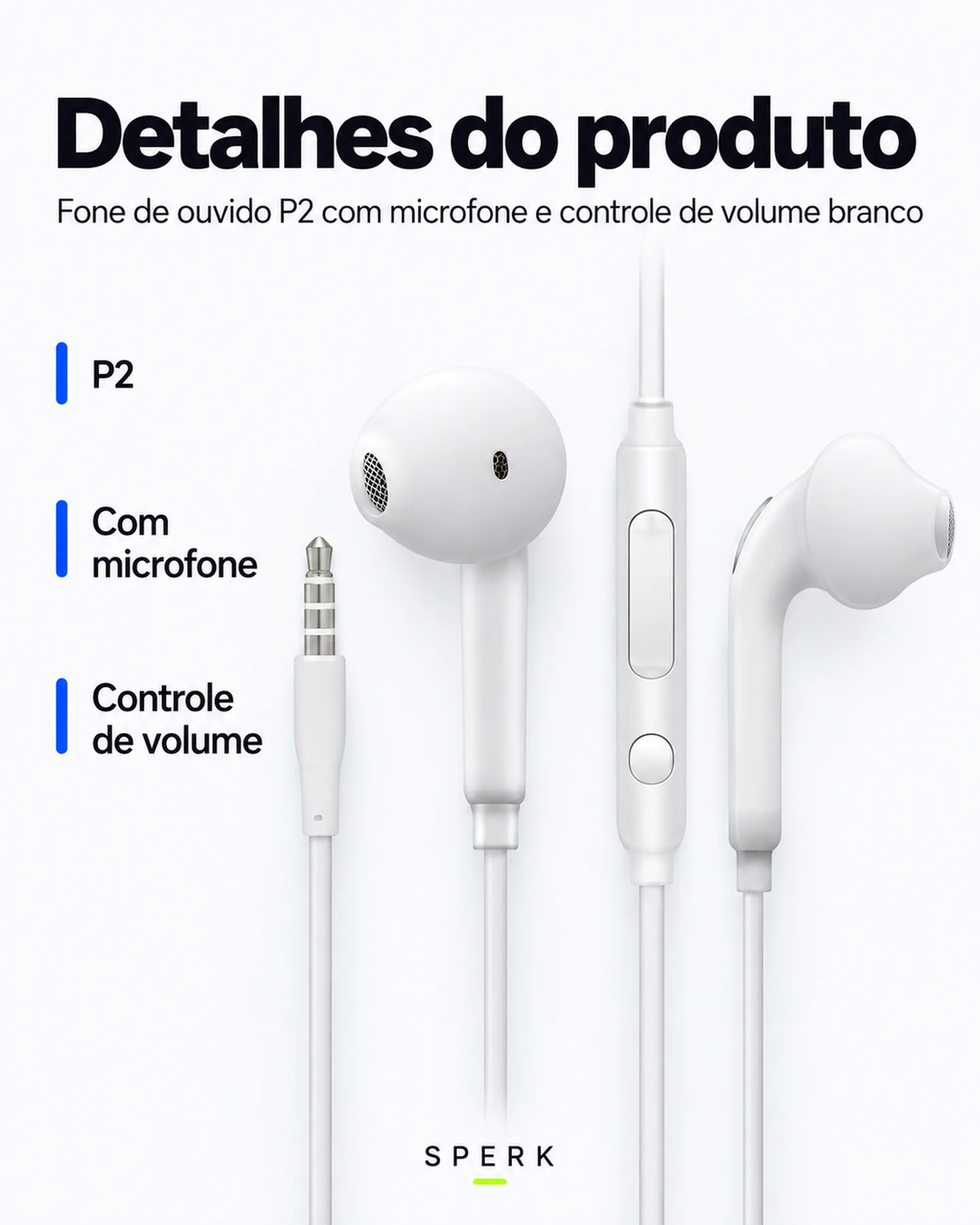 Fone de ouvido P2 com microfone e controle de volume branco — painel 4