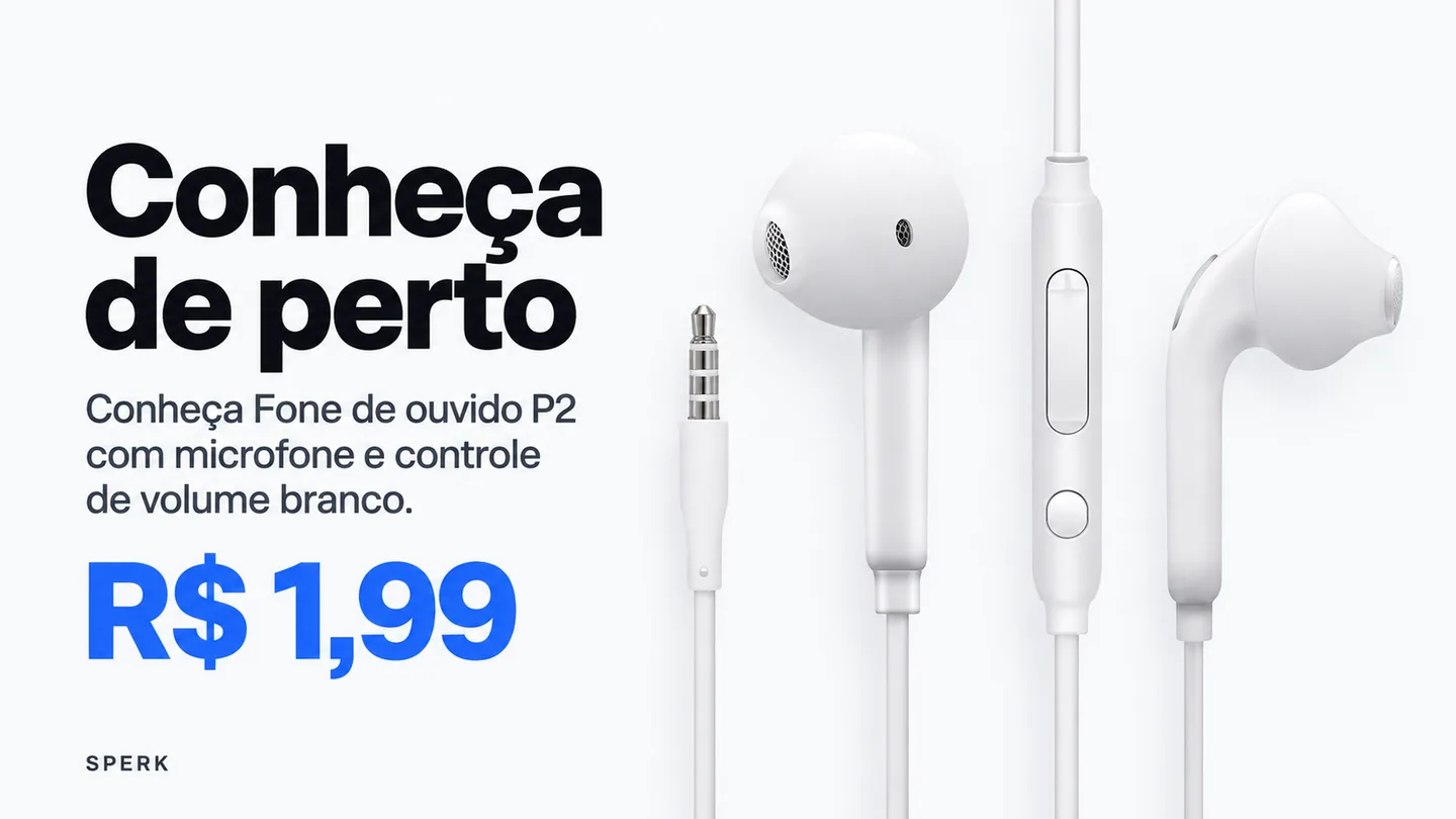 Fone de ouvido P2 com microfone e controle de volume branco — heroi descricao