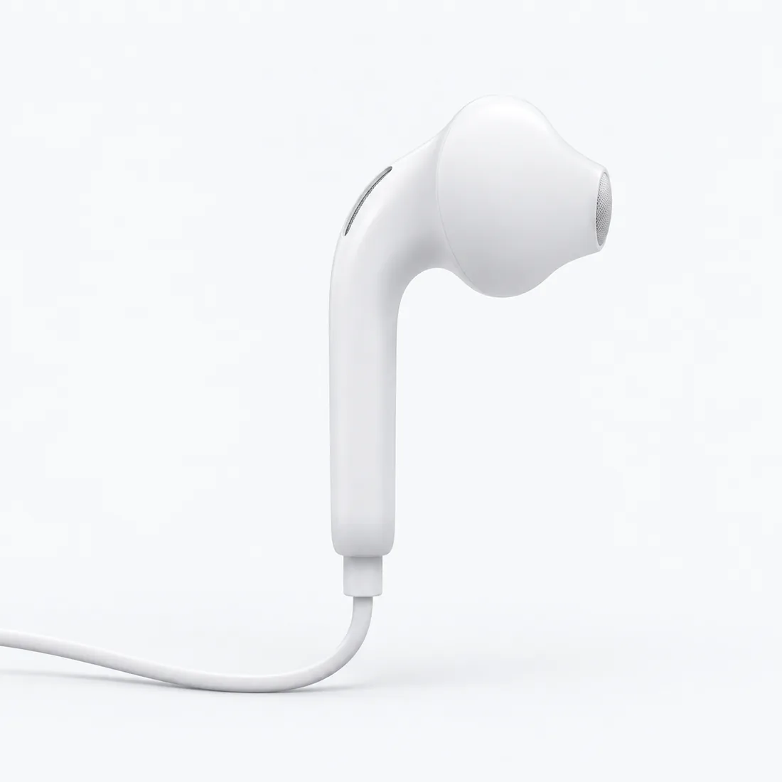 Fone de ouvido P2 com microfone e controle de volume branco — verso lateral