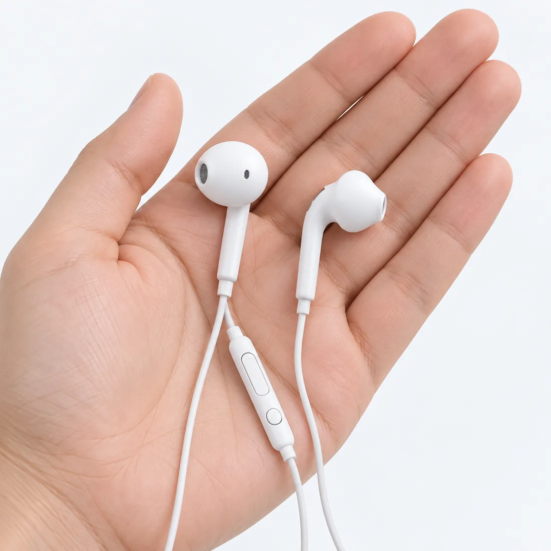 Fone de ouvido P2 com microfone e controle de volume branco — escala