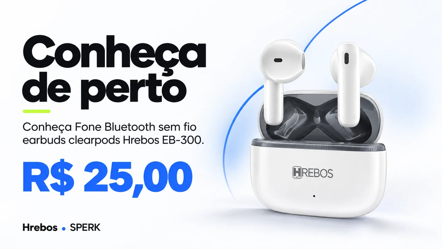Fone Bluetooth sem fio earbuds clearpods Hrebos EB-300 — heroi descricao