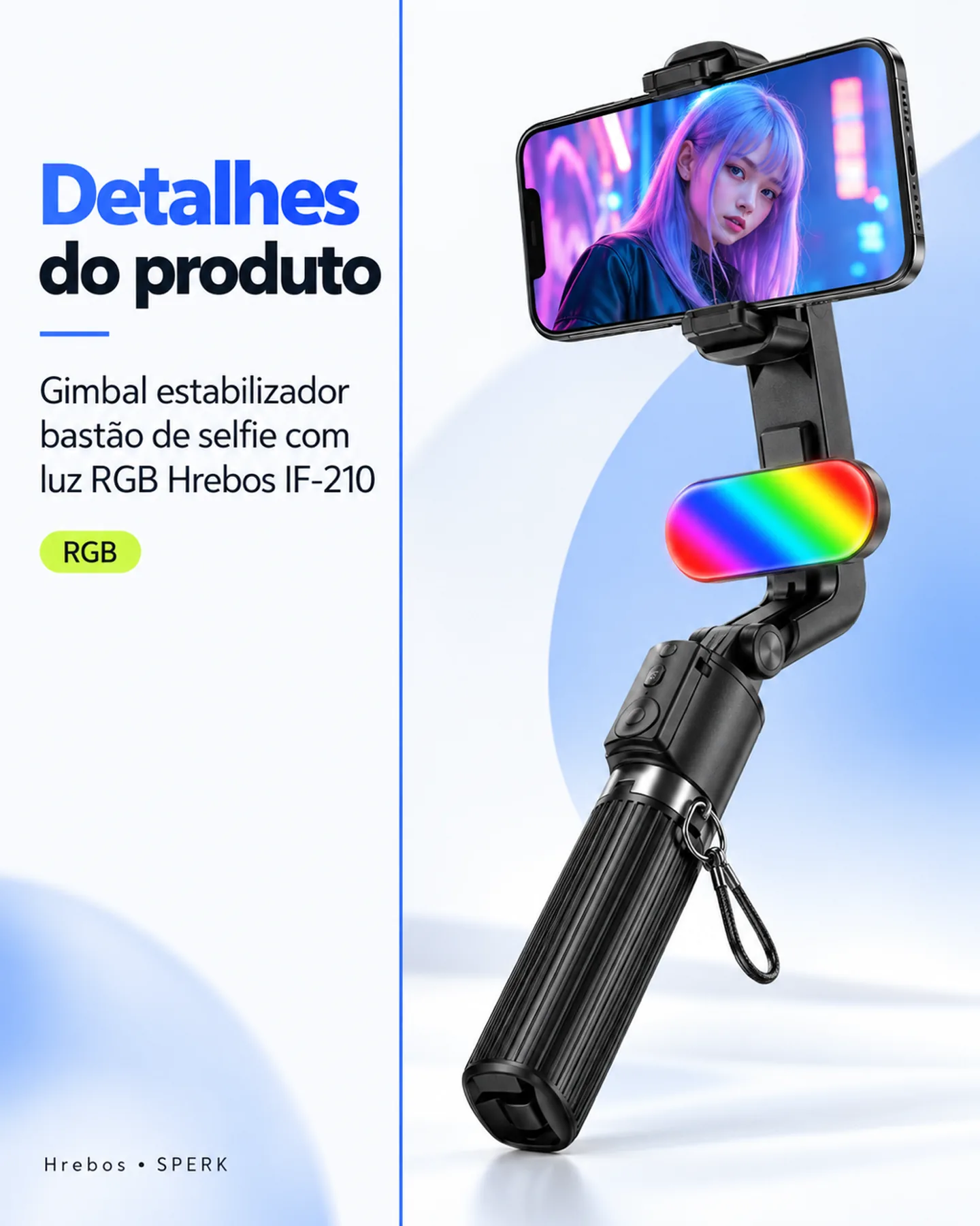 Gimbal estabilizador bastão de selfie com luz RGB Hrebos IF-210 — painel 4