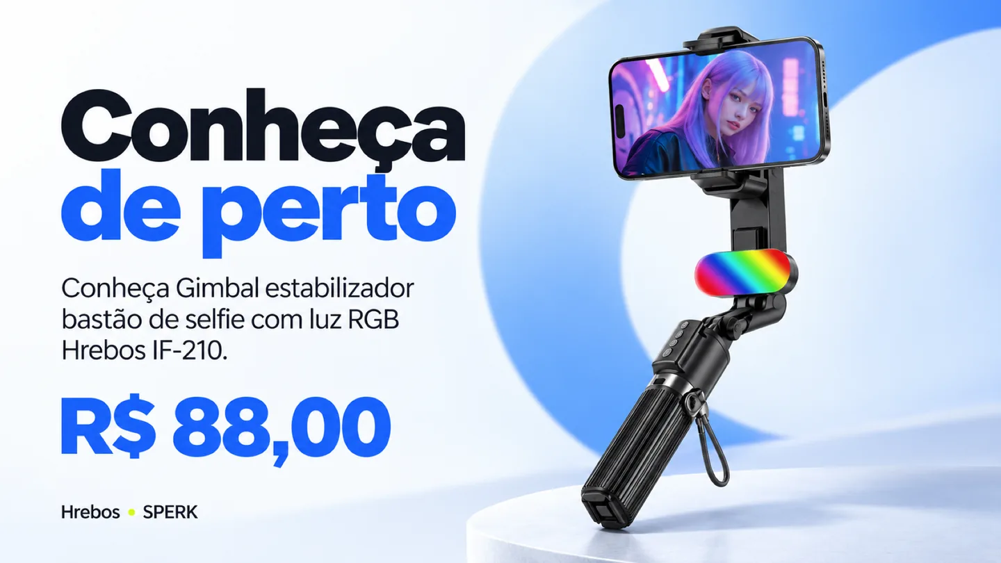 Gimbal estabilizador bastão de selfie com luz RGB Hrebos IF-210 — heroi descricao
