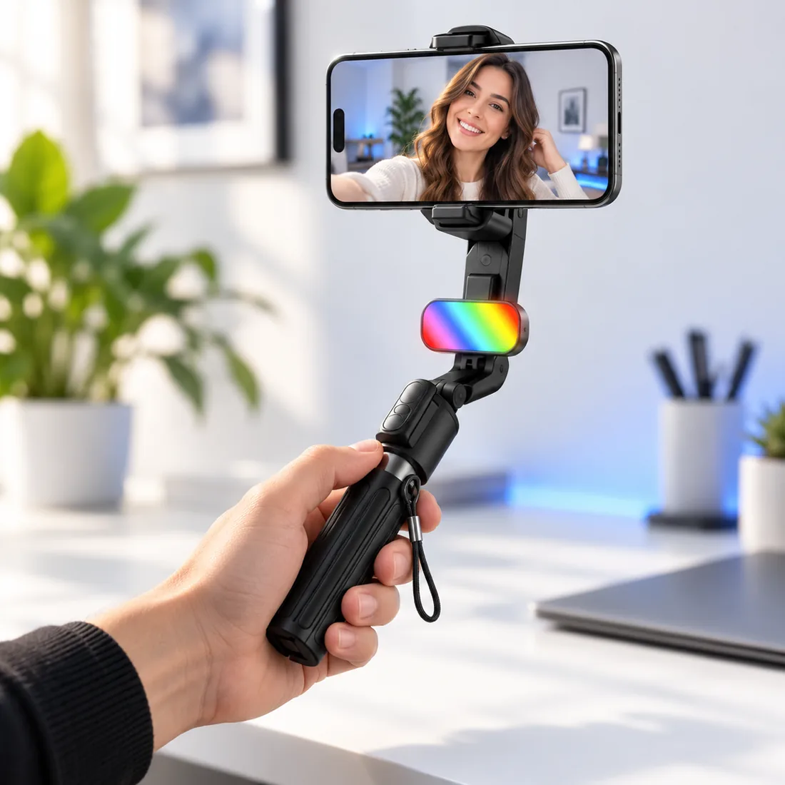 Gimbal estabilizador bastão de selfie com luz RGB Hrebos IF-210 — uso