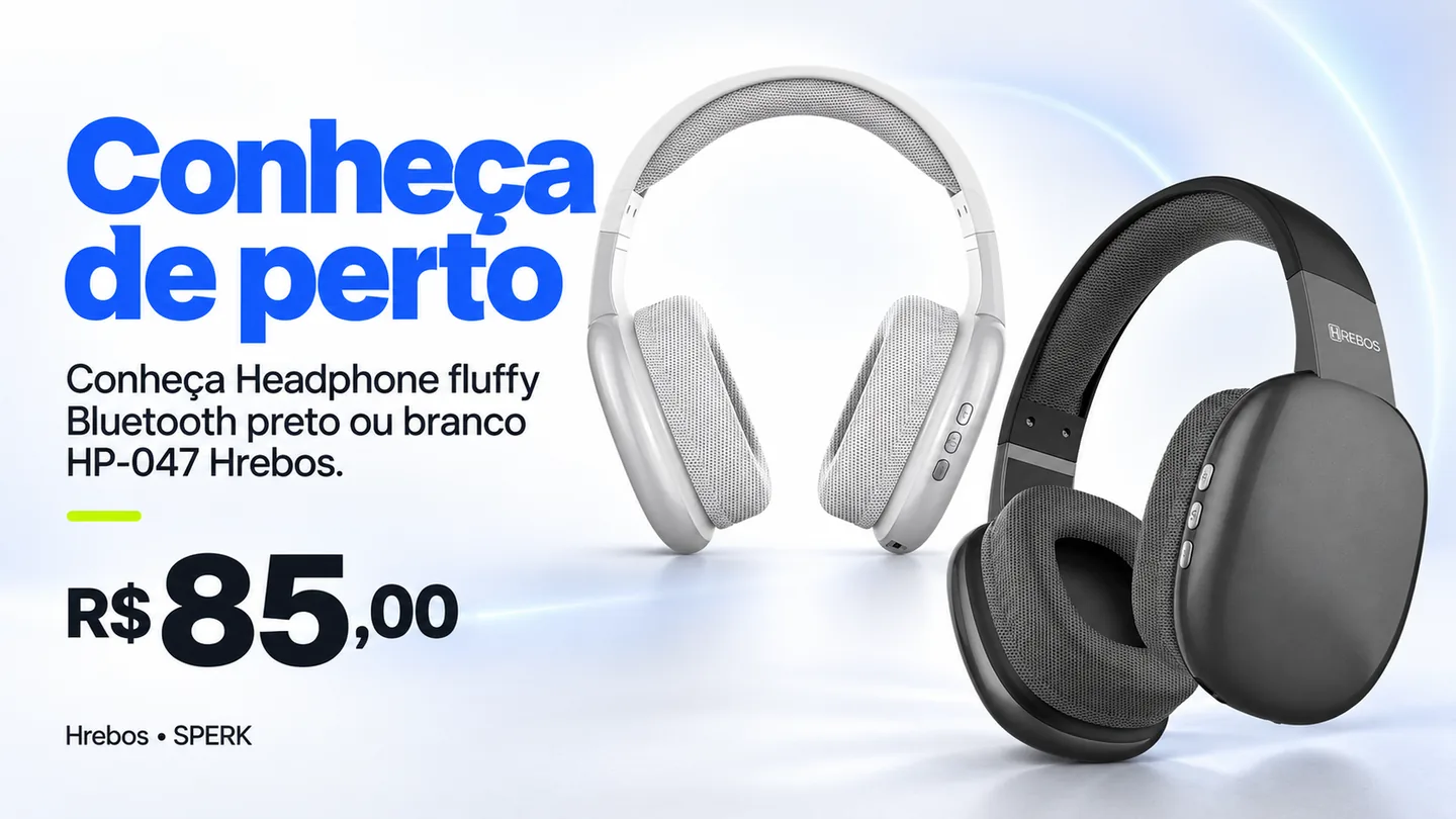 Headphone fluffy Bluetooth preto ou branco HP-047 Hrebos — heroi descricao