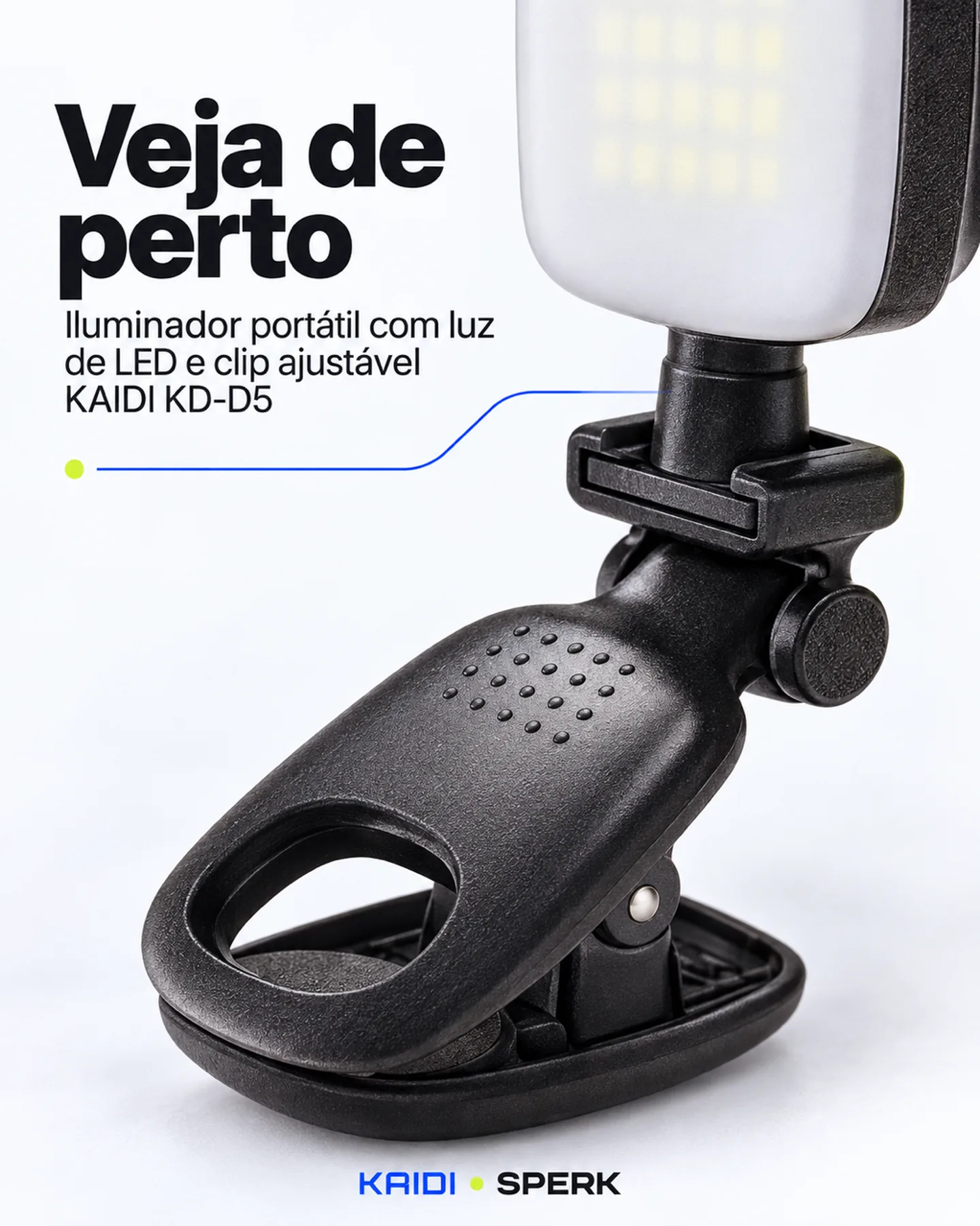 Iluminador portátil com luz de LED e clip ajustável KAIDI KD-D5 — painel 3