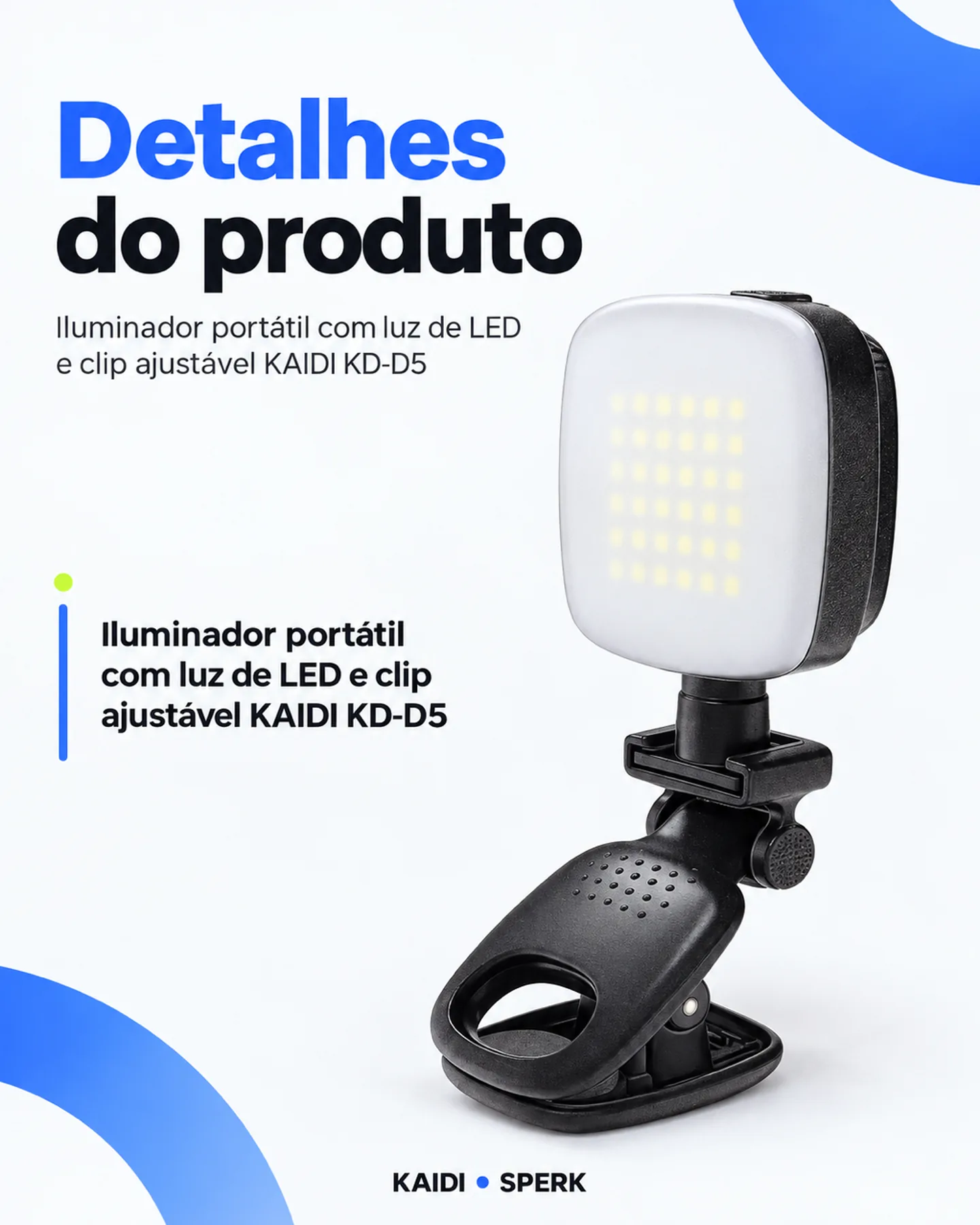 Iluminador portátil com luz de LED e clip ajustável KAIDI KD-D5 — painel 4