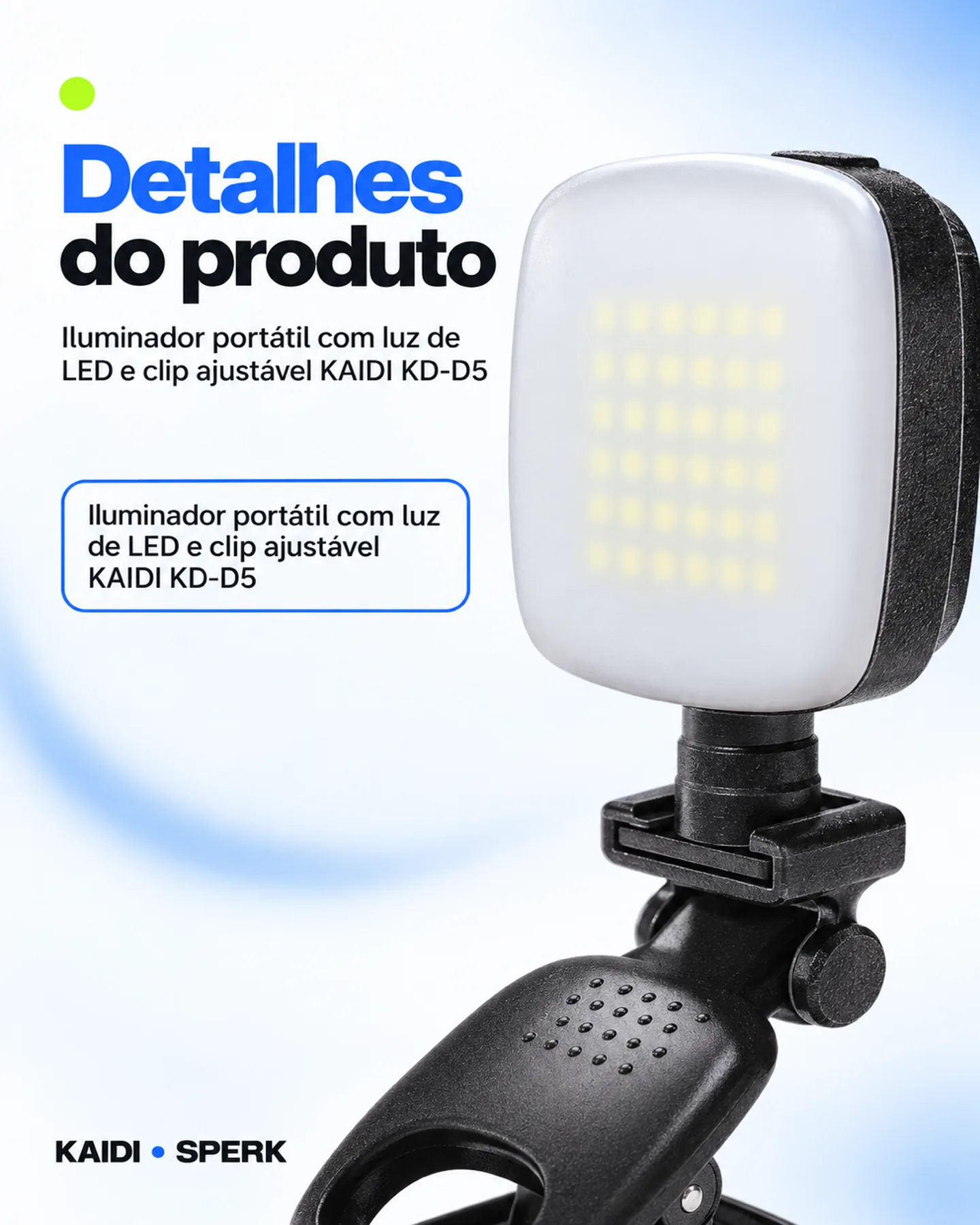 Iluminador portátil com luz de LED e clip ajustável KAIDI KD-D5 — painel 5