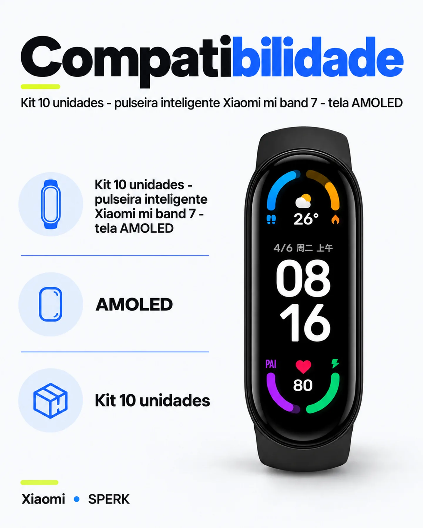 Kit 10 unidades - pulseira inteligente Xiaomi mi band 7 - tela AMOLED — painel 4