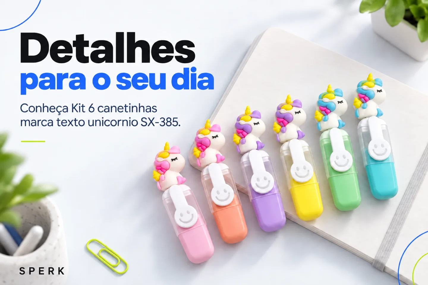 Kit 6 canetinhas marca texto unicornio SX-385 — diferencial uso