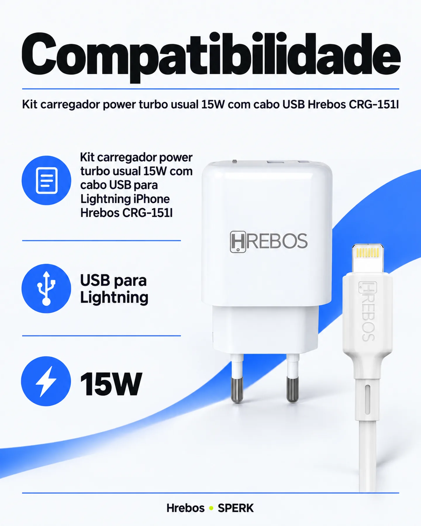 Kit carregador power turbo usual 15W com cabo USB Hrebos CRG-151I — painel 4