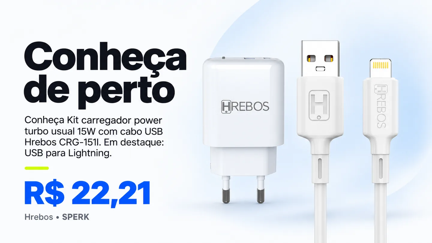 Kit carregador power turbo usual 15W com cabo USB Hrebos CRG-151I — heroi descricao