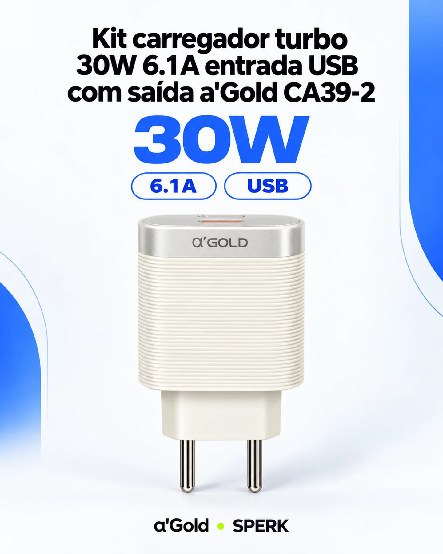 Kit carregador turbo 30W 6.1A entrada USB com saída a'Gold CA39-2 — painel 1