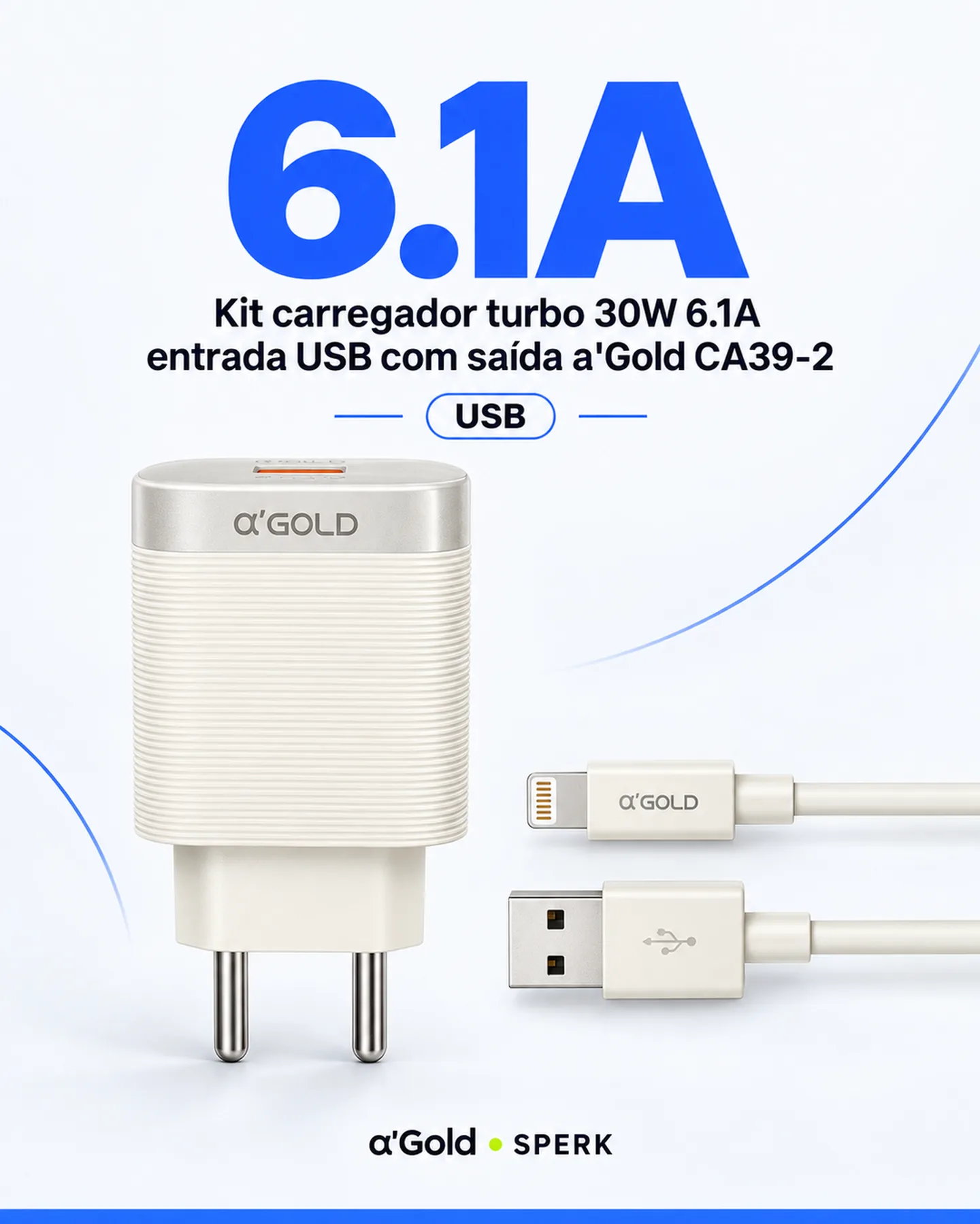 Kit carregador turbo 30W 6.1A entrada USB com saída a'Gold CA39-2 — painel 3