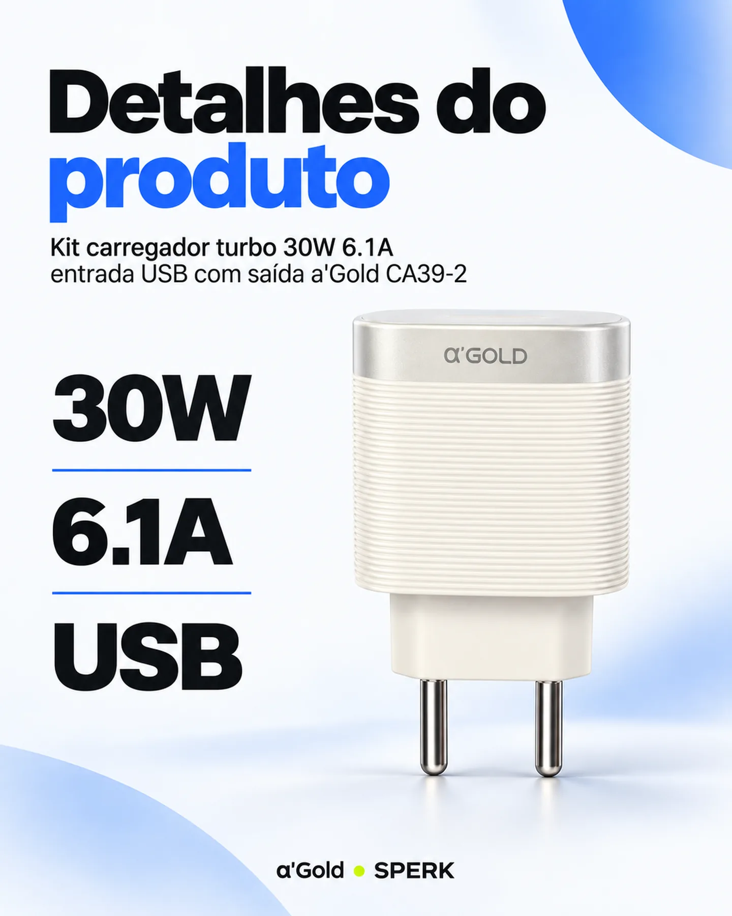 Kit carregador turbo 30W 6.1A entrada USB com saída a'Gold CA39-2 — painel 4