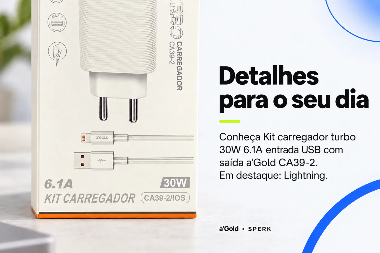 Kit carregador turbo 30W 6.1A entrada USB com saída a'Gold CA39-2 — diferencial uso