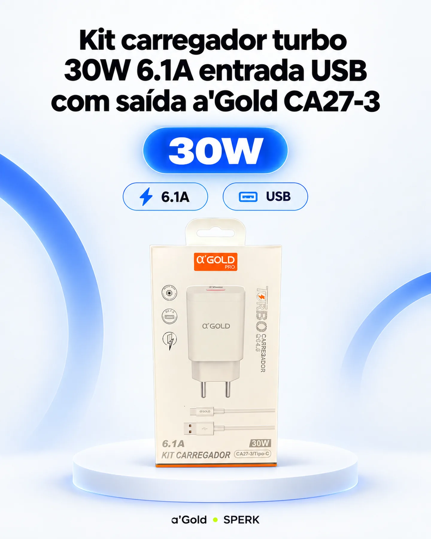 Kit carregador turbo 30W 6.1A entrada USB com saída a'Gold CA27-3 — painel 1
