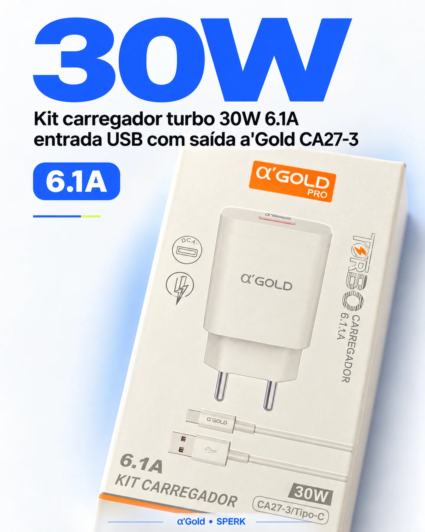 Kit carregador turbo 30W 6.1A entrada USB com saída a'Gold CA27-3 — painel 2