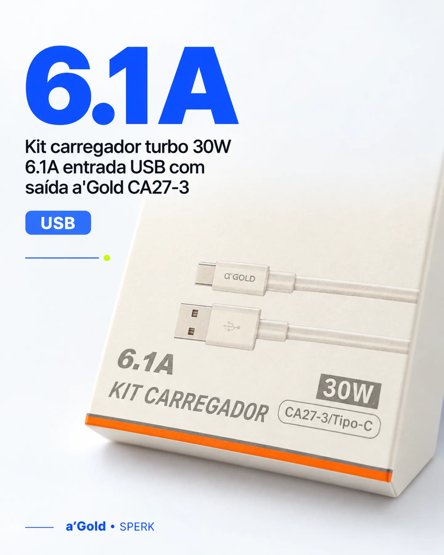 Kit carregador turbo 30W 6.1A entrada USB com saída a'Gold CA27-3 — painel 3