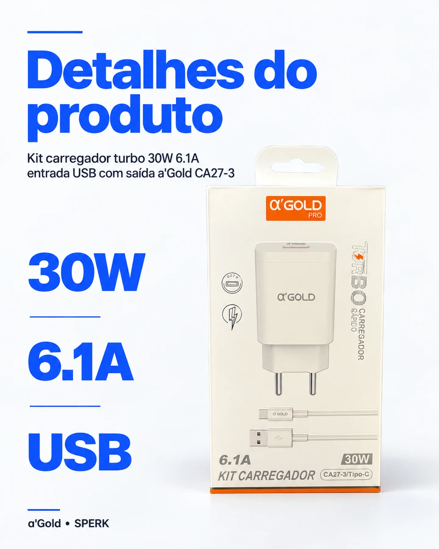 Kit carregador turbo 30W 6.1A entrada USB com saída a'Gold CA27-3 — painel 4