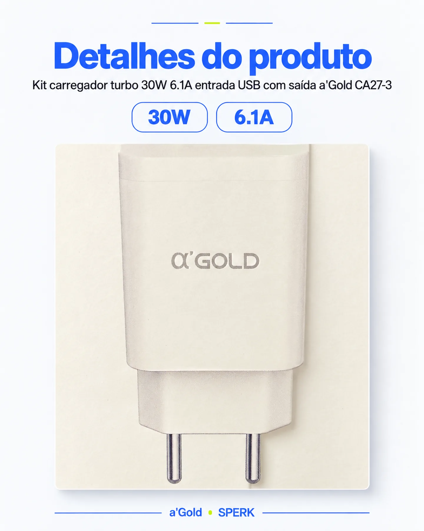 Kit carregador turbo 30W 6.1A entrada USB com saída a'Gold CA27-3 — painel 5