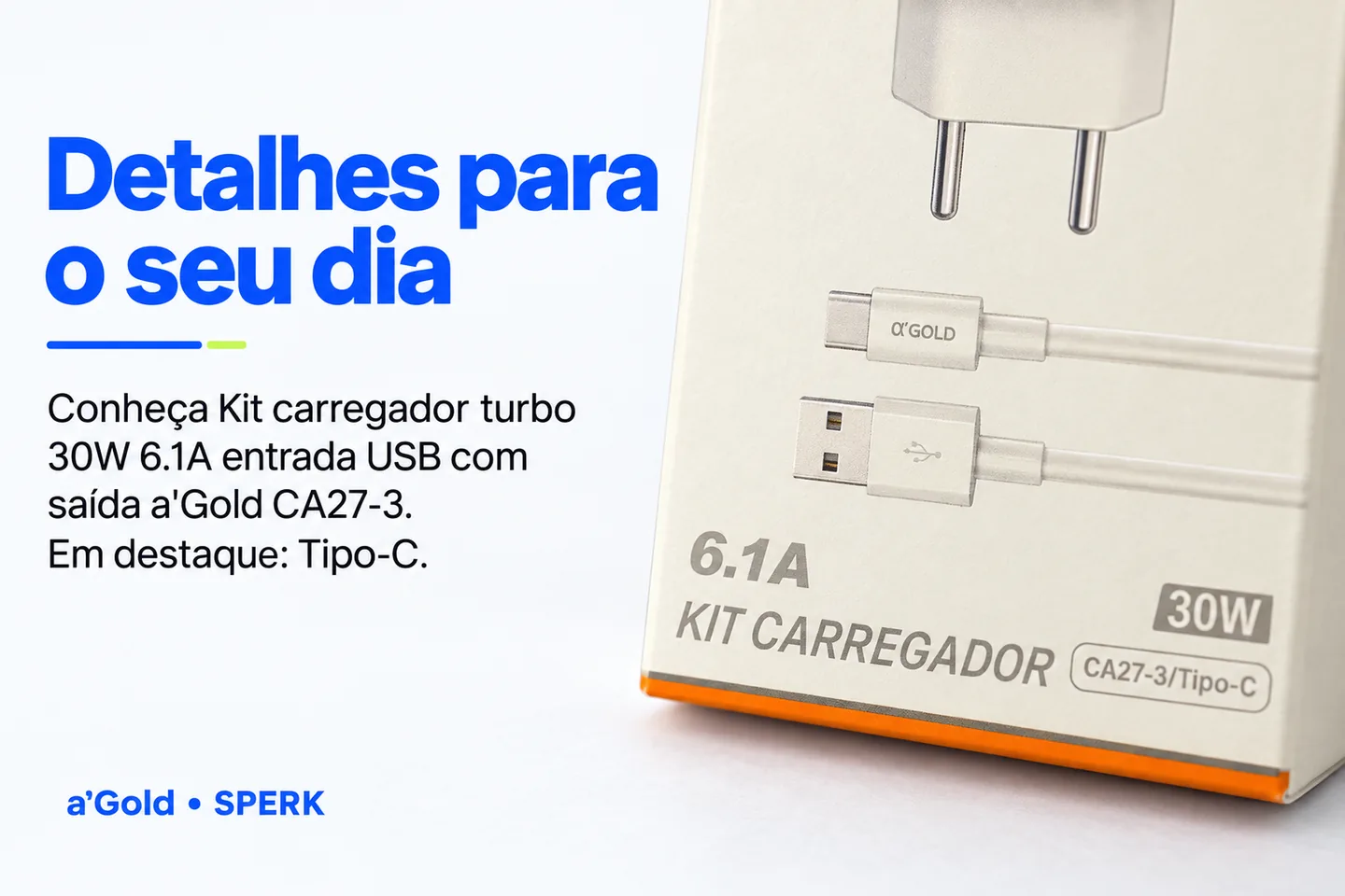 Kit carregador turbo 30W 6.1A entrada USB com saída a'Gold CA27-3 — diferencial uso