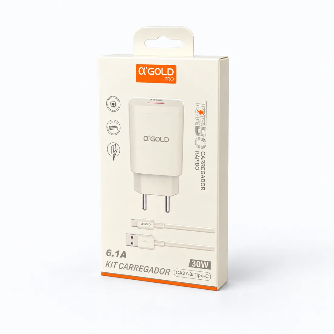 Kit carregador turbo 30W 6.1A entrada USB com saída a'Gold CA27-3 — verso lateral