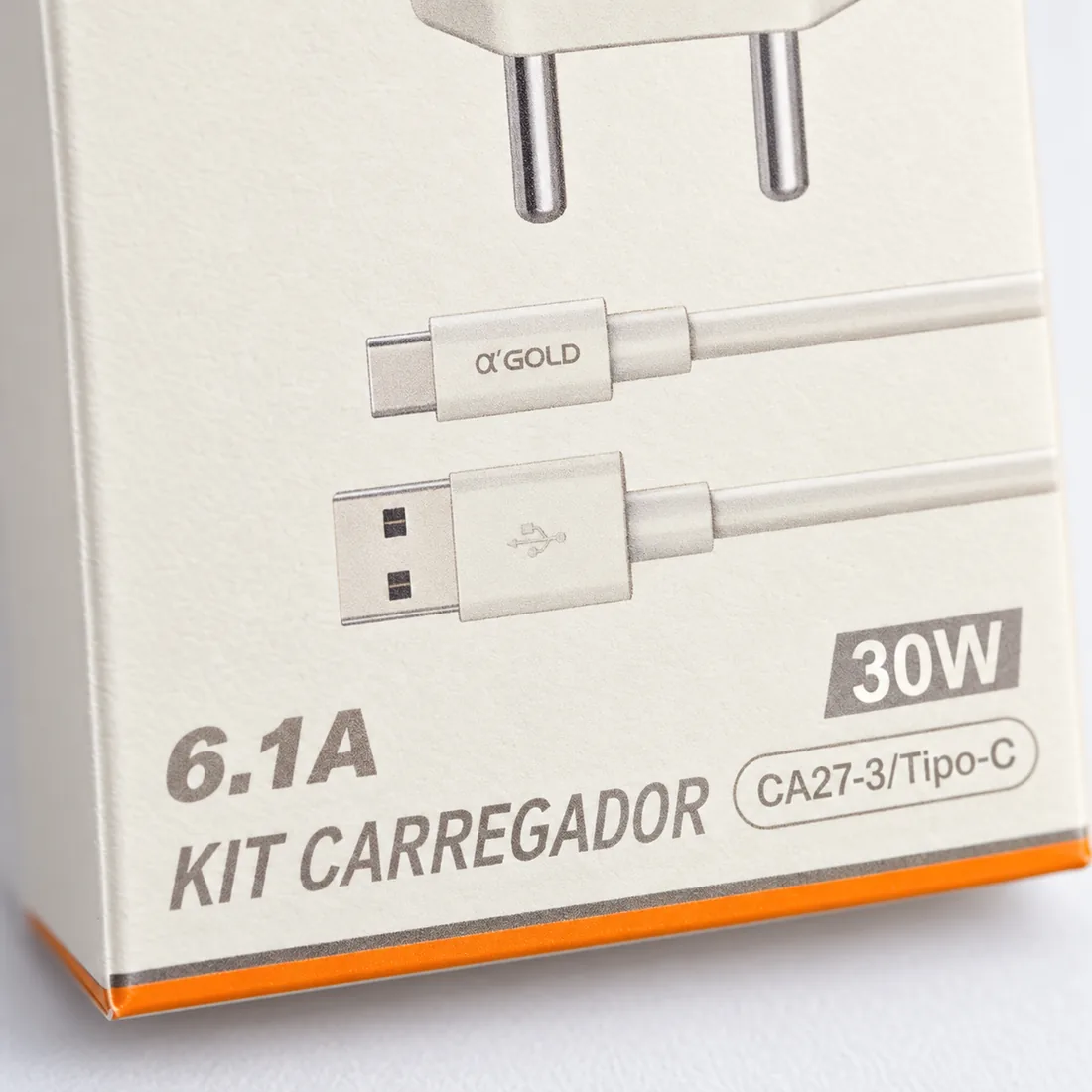Kit carregador turbo 30W 6.1A entrada USB com saída a'Gold CA27-3 — detalhe