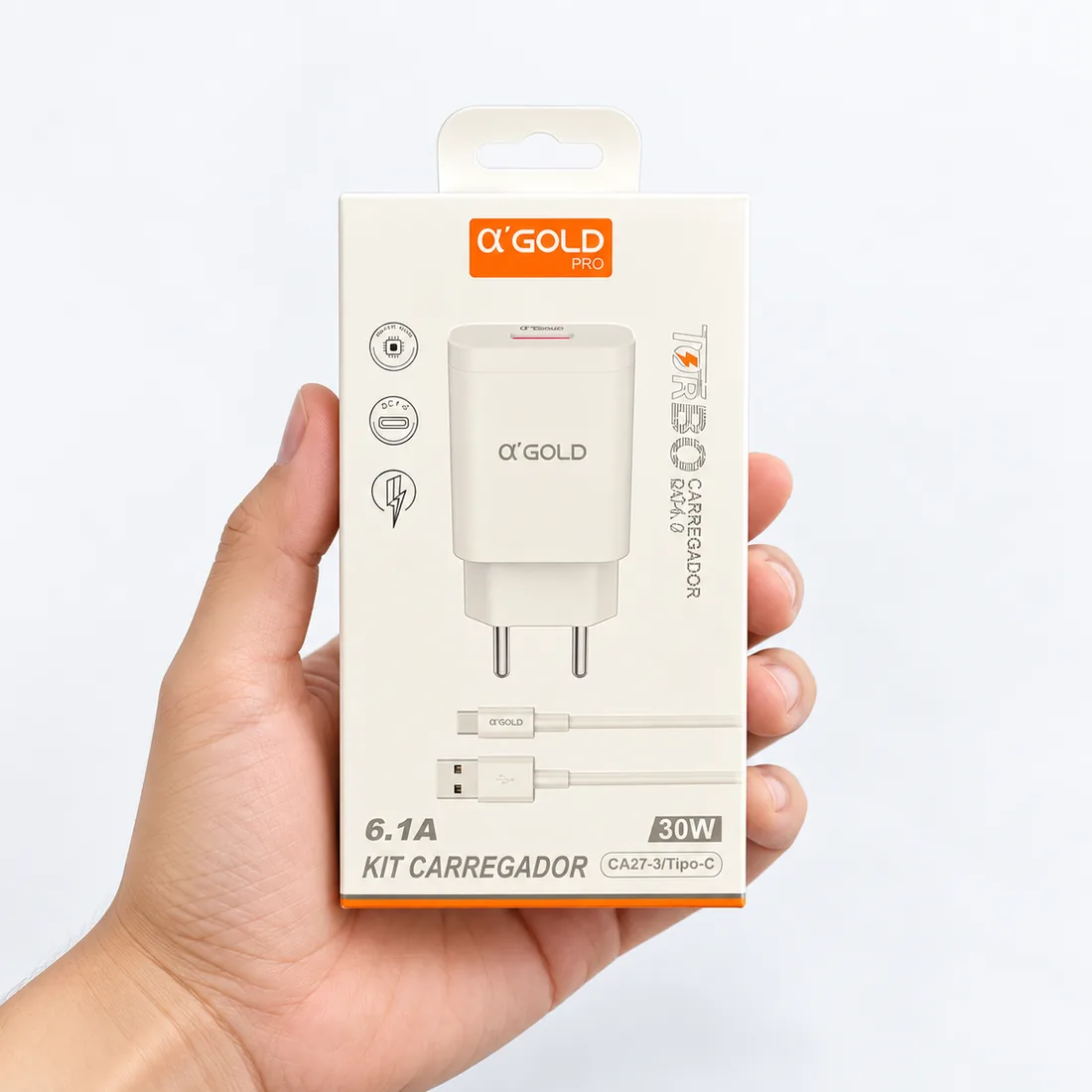 Kit carregador turbo 30W 6.1A entrada USB com saída a'Gold CA27-3 — escala