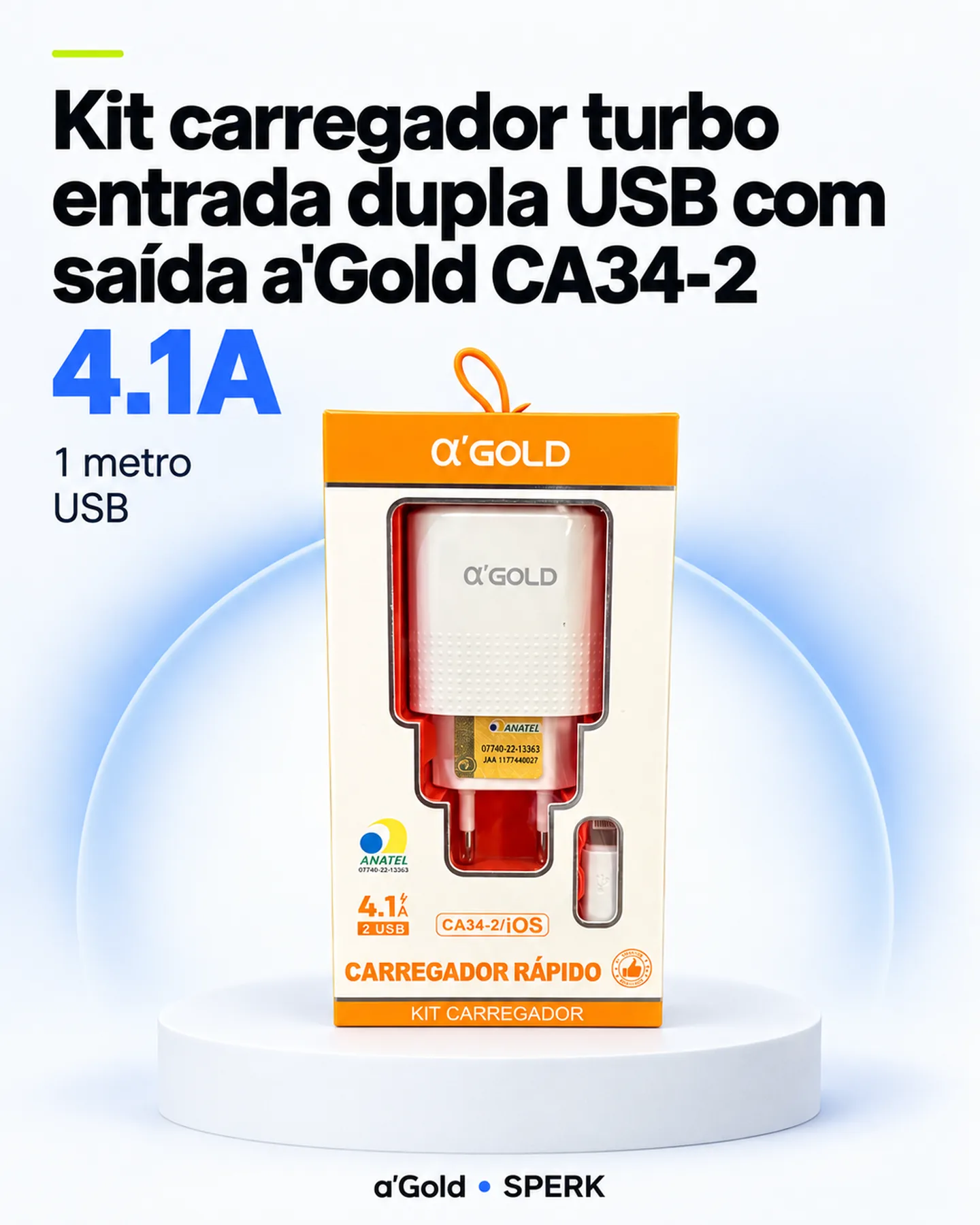 Kit carregador turbo entrada dupla USB com saída a'Gold CA34-2 — painel 1