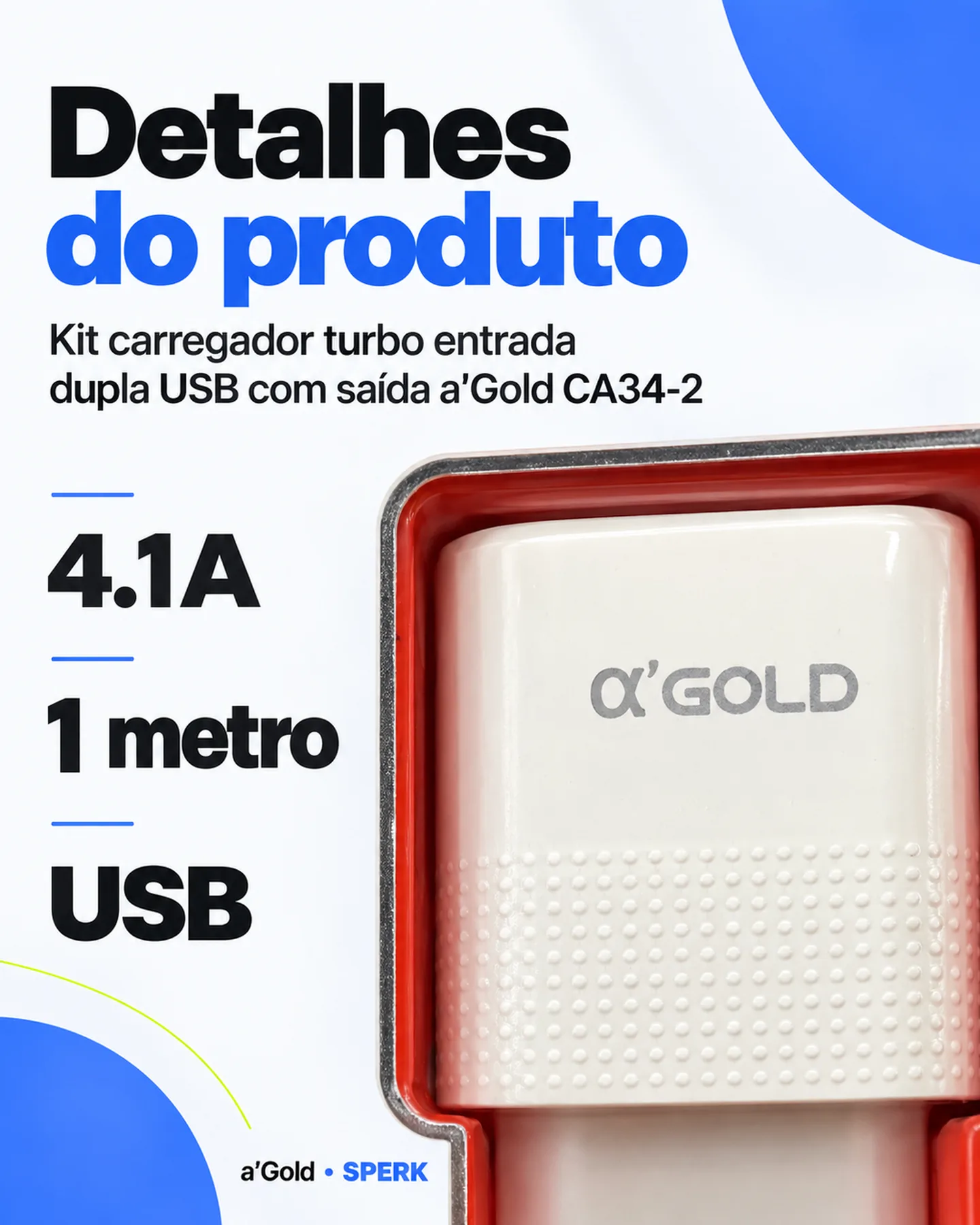 Kit carregador turbo entrada dupla USB com saída a'Gold CA34-2 — painel 4