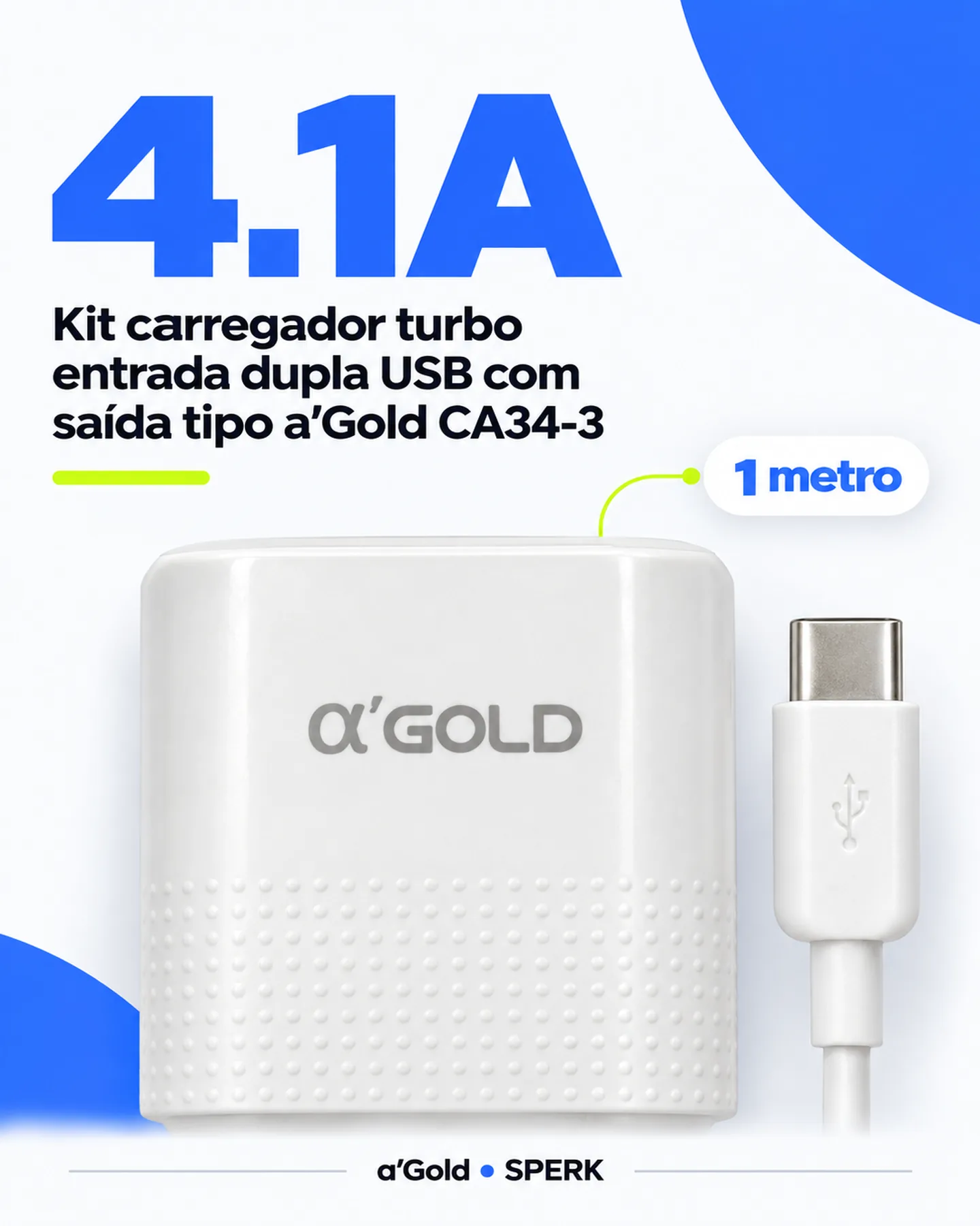 Kit carregador turbo entrada dupla USB com saída tipo a'Gold CA34-3 — painel 2