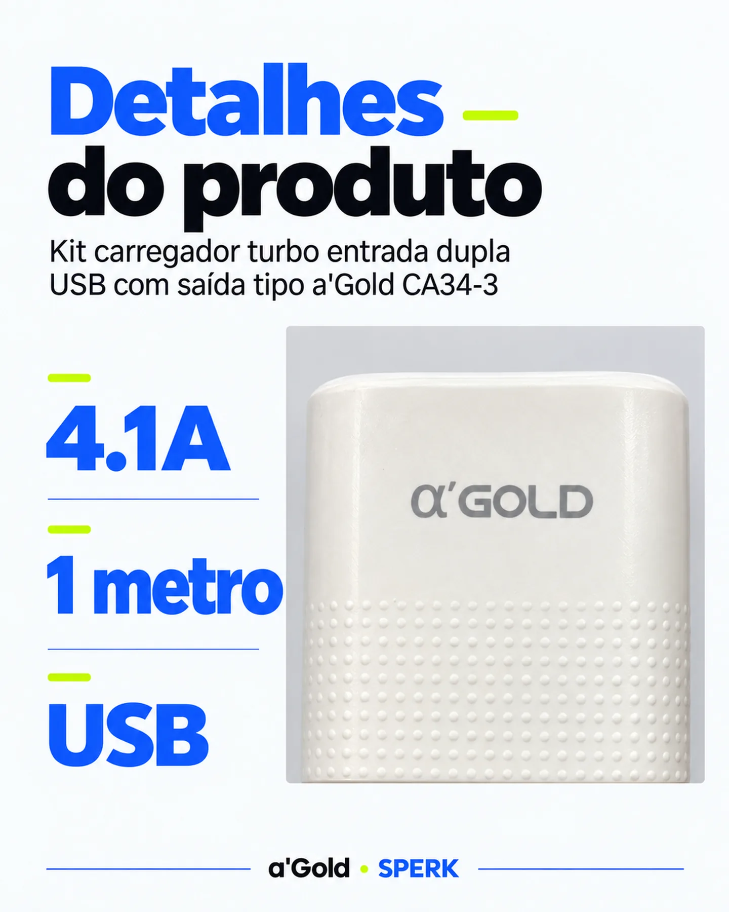 Kit carregador turbo entrada dupla USB com saída tipo a'Gold CA34-3 — painel 4