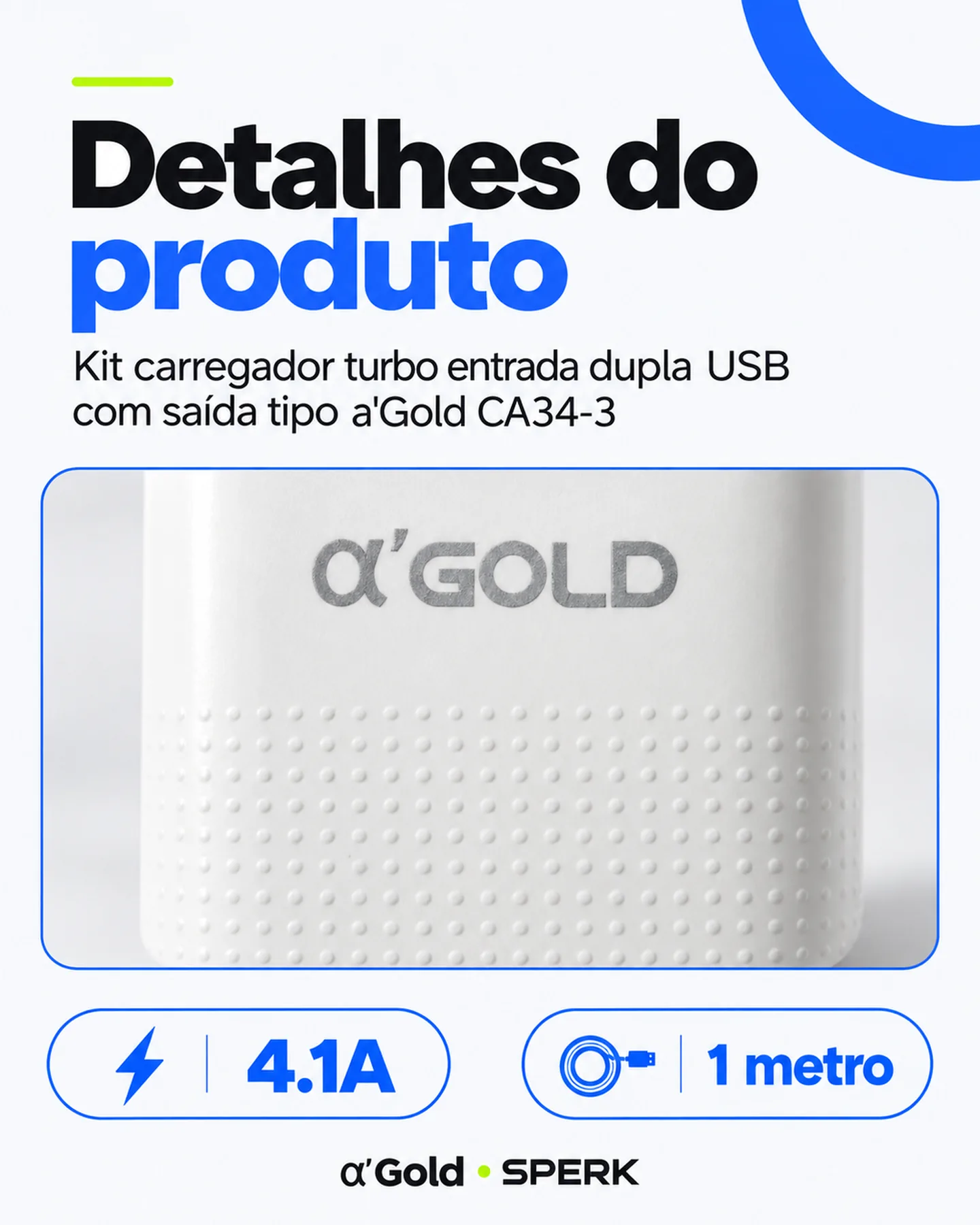 Kit carregador turbo entrada dupla USB com saída tipo a'Gold CA34-3 — painel 5
