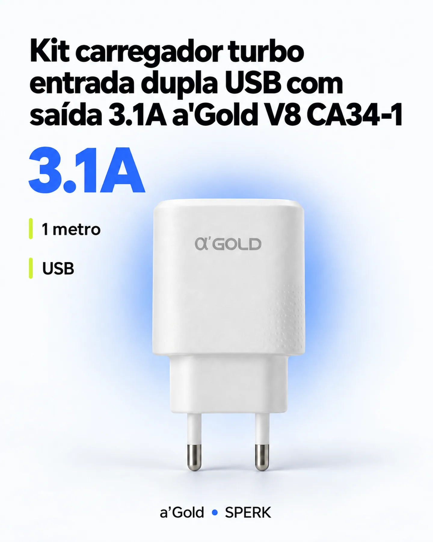Kit carregador turbo entrada dupla USB com saída 3.1A a'Gold V8 CA34-1 — painel 1