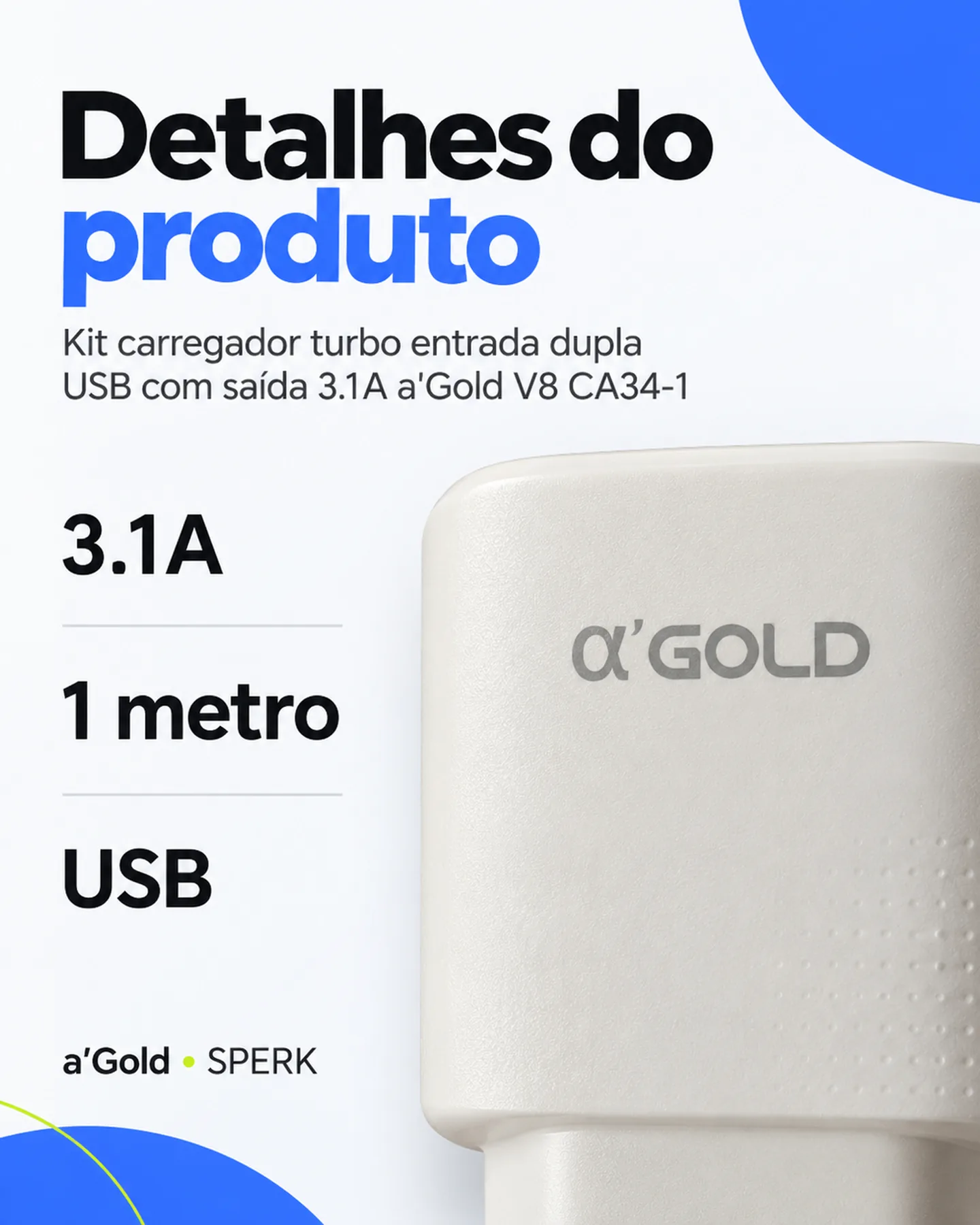 Kit carregador turbo entrada dupla USB com saída 3.1A a'Gold V8 CA34-1 — painel 4