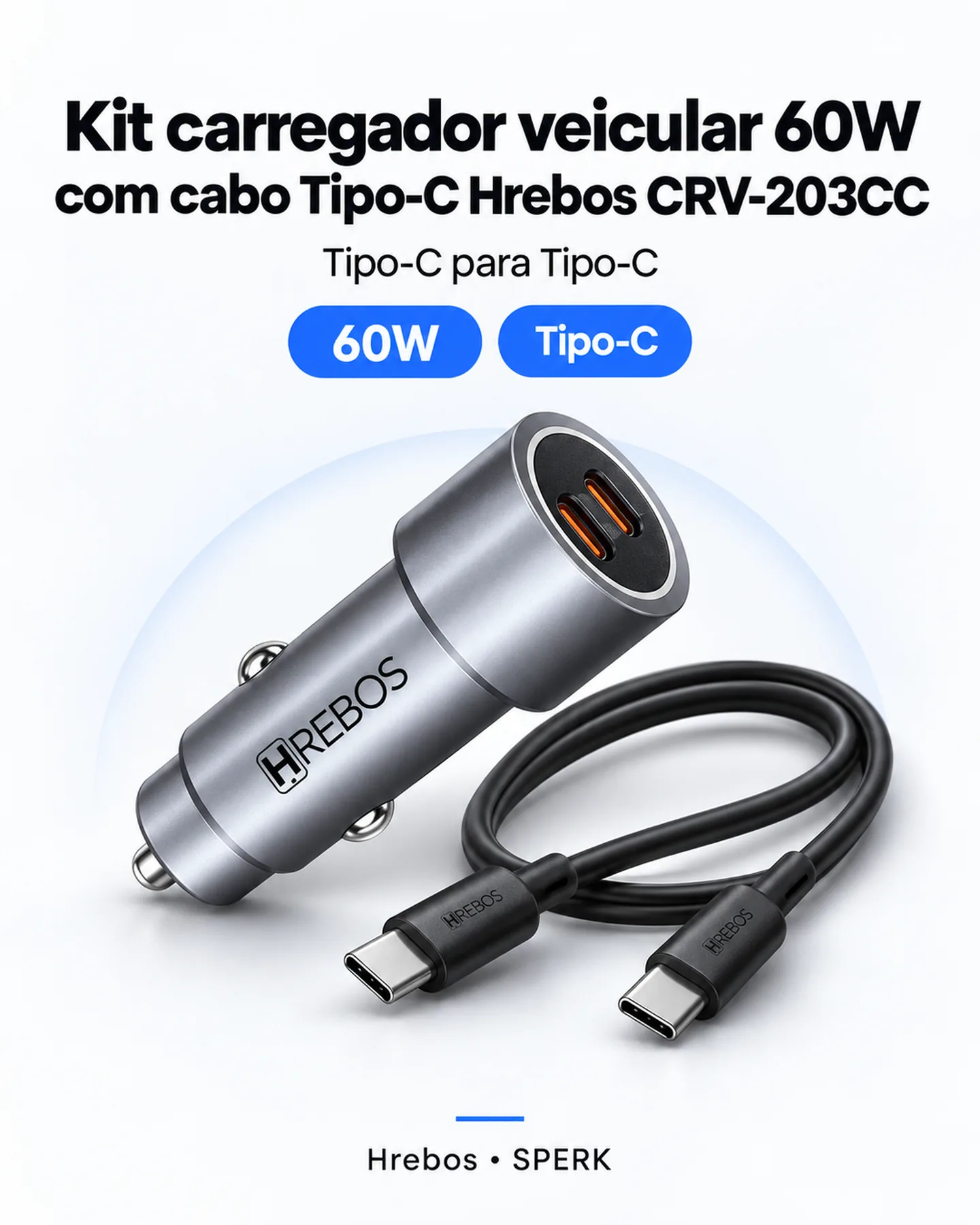 Kit carregador veicular 60W com cabo Tipo-C Hrebos CRV-203CC — painel 1