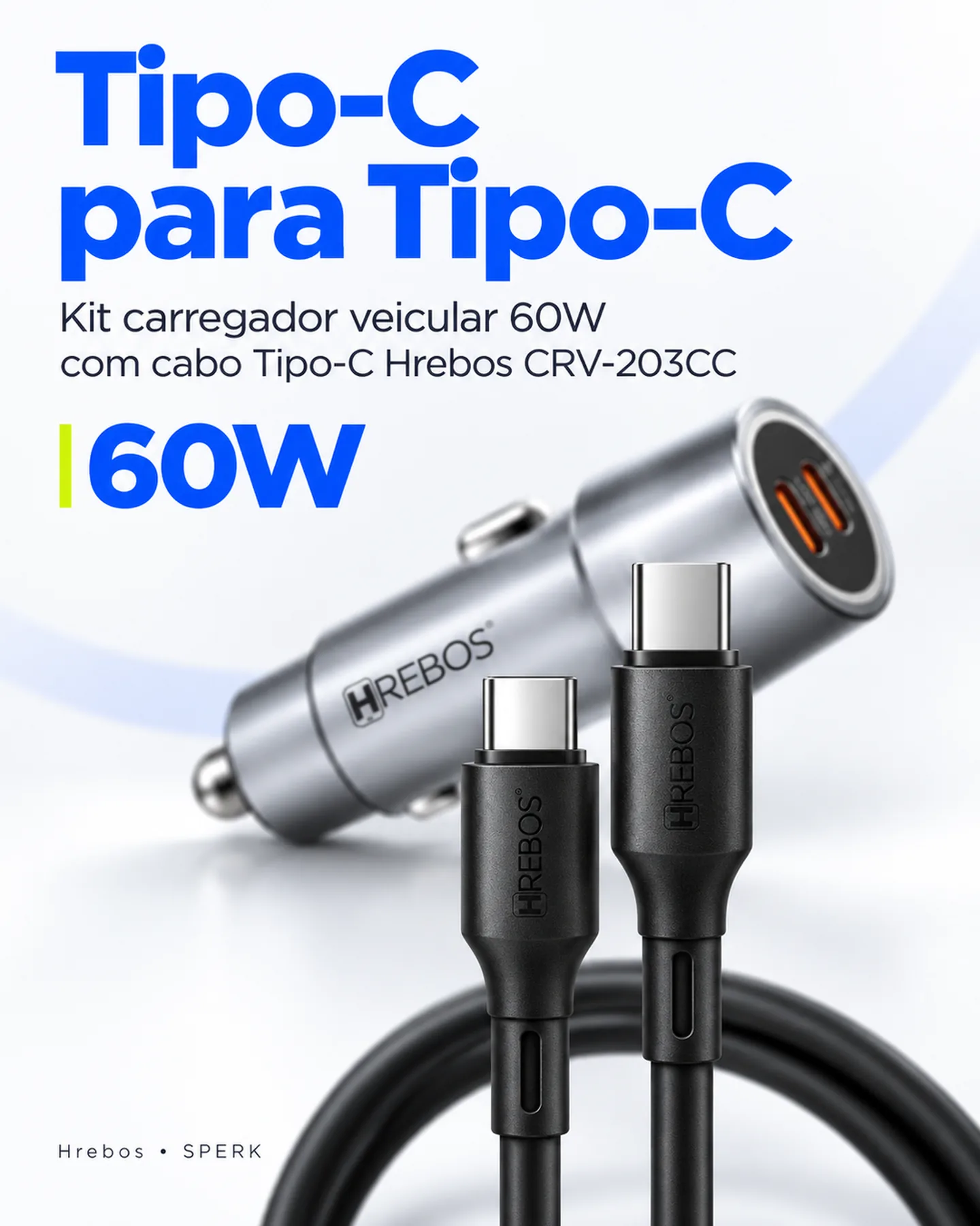 Kit carregador veicular 60W com cabo Tipo-C Hrebos CRV-203CC — painel 2