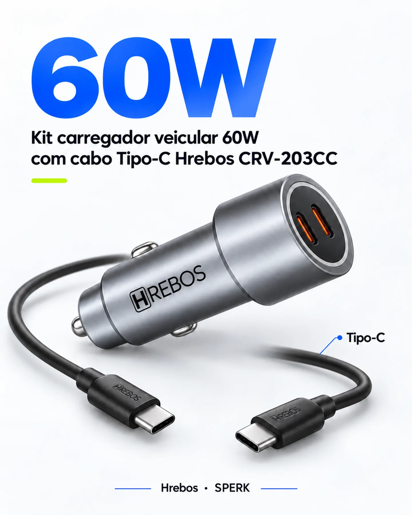 Kit carregador veicular 60W com cabo Tipo-C Hrebos CRV-203CC — painel 3