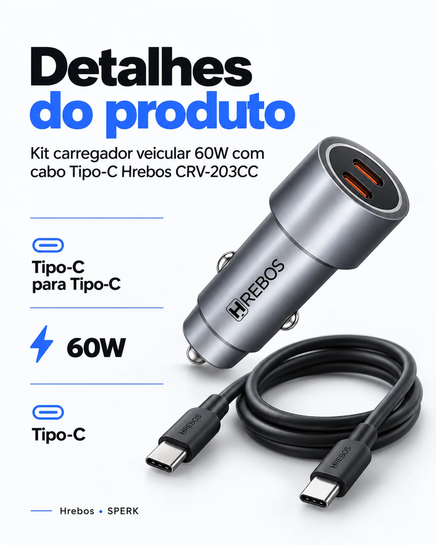Kit carregador veicular 60W com cabo Tipo-C Hrebos CRV-203CC — painel 4
