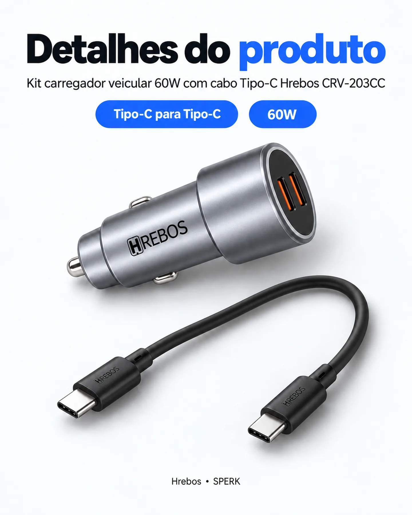 Kit carregador veicular 60W com cabo Tipo-C Hrebos CRV-203CC — painel 5