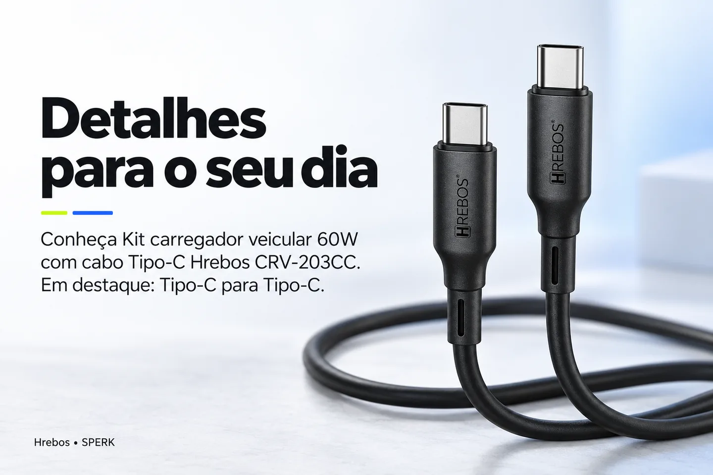Kit carregador veicular 60W com cabo Tipo-C Hrebos CRV-203CC — diferencial uso