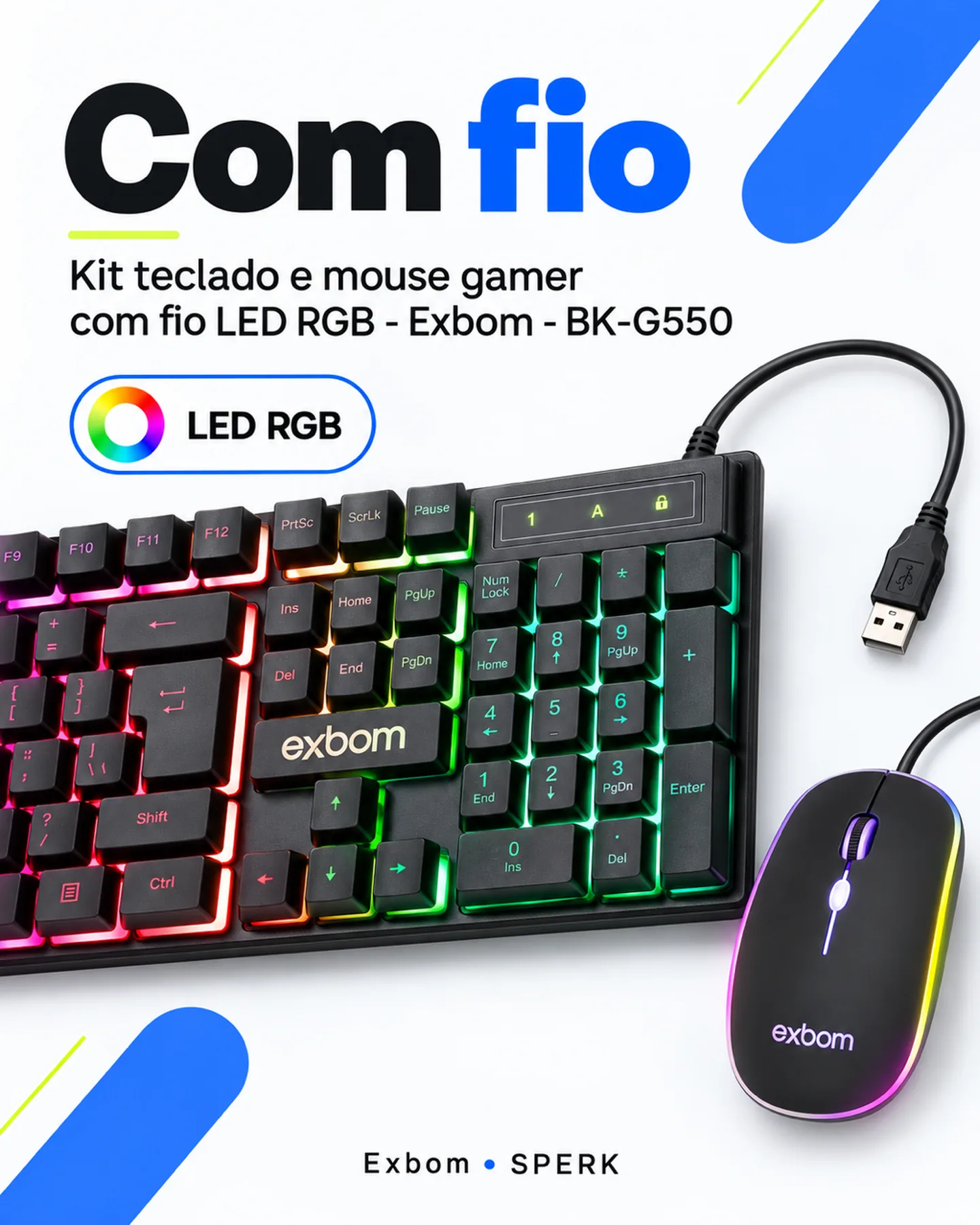Kit teclado e mouse gamer com fio LED RGB - Exbom - BK-G550 — painel 2
