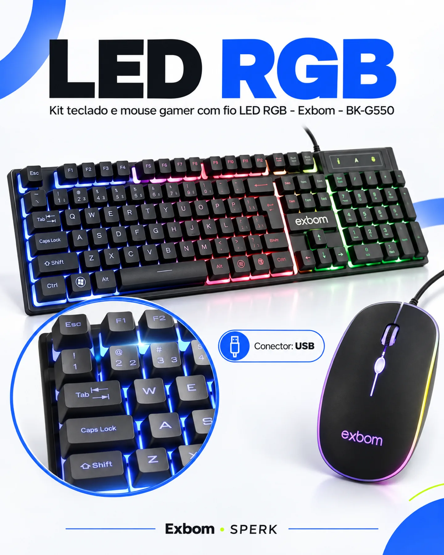 Kit teclado e mouse gamer com fio LED RGB - Exbom - BK-G550 — painel 3