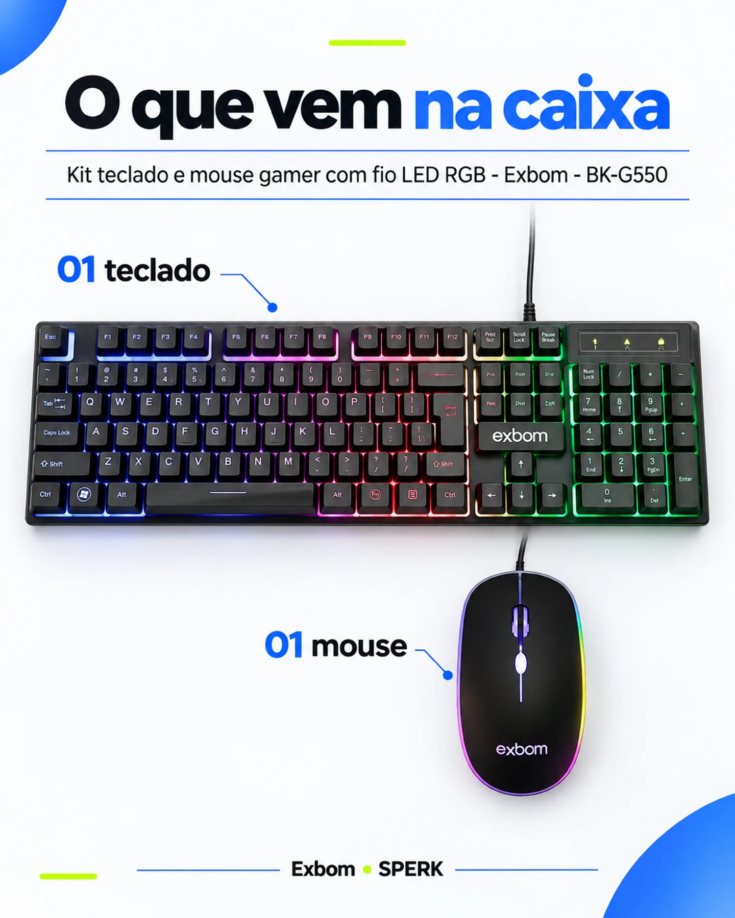 Kit teclado e mouse gamer com fio LED RGB - Exbom - BK-G550 — painel 5